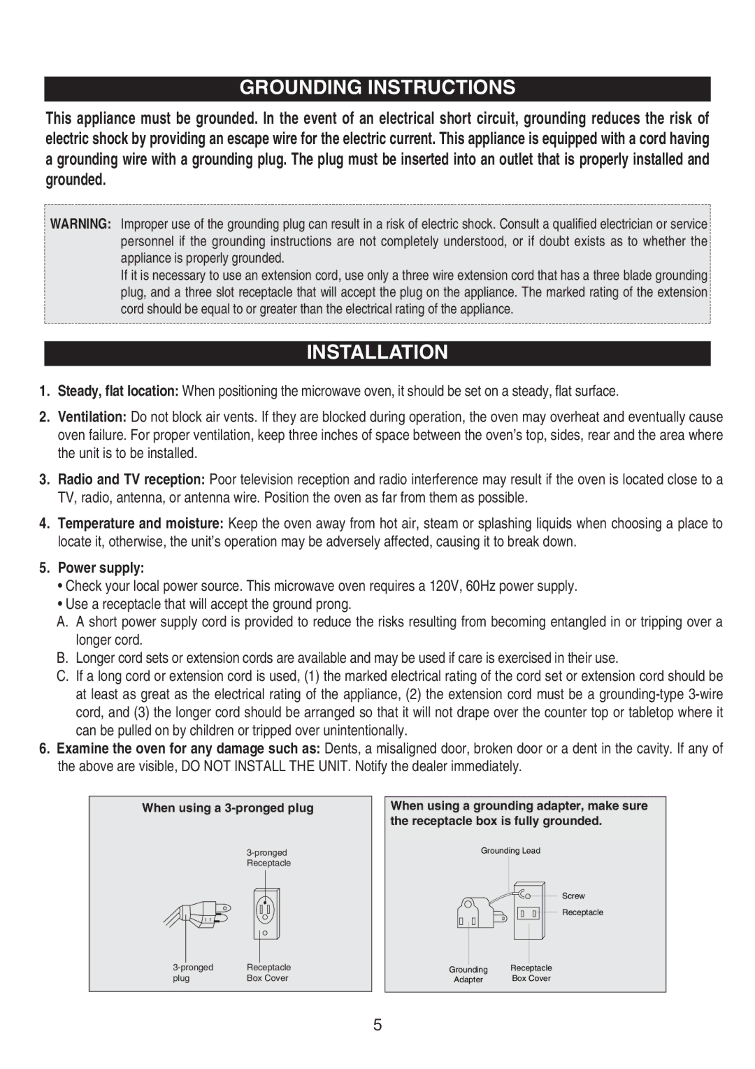 Emerson MW8991SB owner manual Grounding Instructions, Installation 