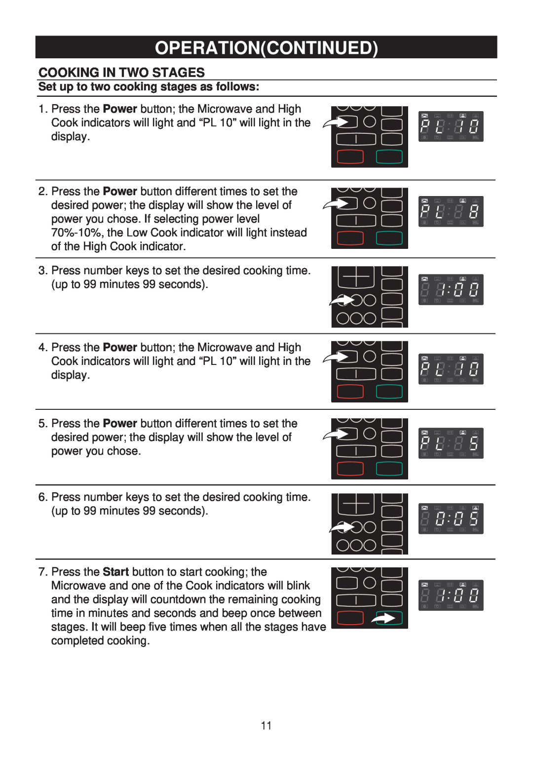 Emerson MW8991SB owner manual Cooking In Two Stages, Set up to two cooking stages as follows, Operationcontinued 