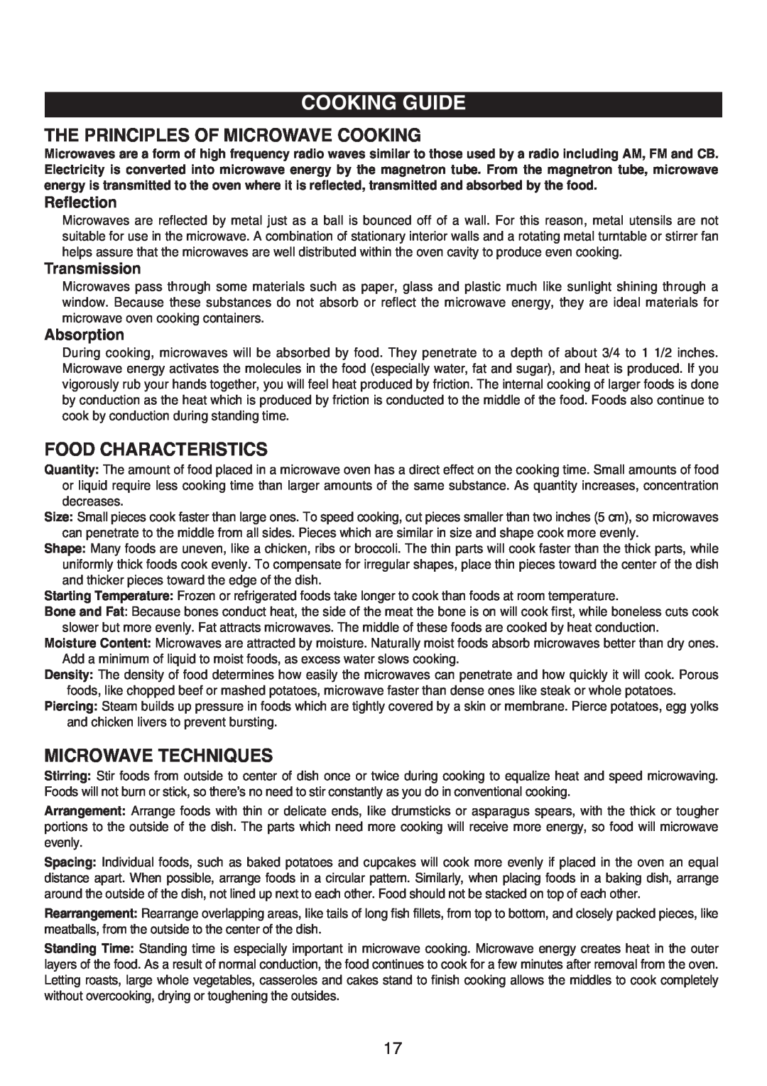 Emerson MW8991SB Cooking Guide, The Principles Of Microwave Cooking, Food Characteristics, Microwave Techniques 