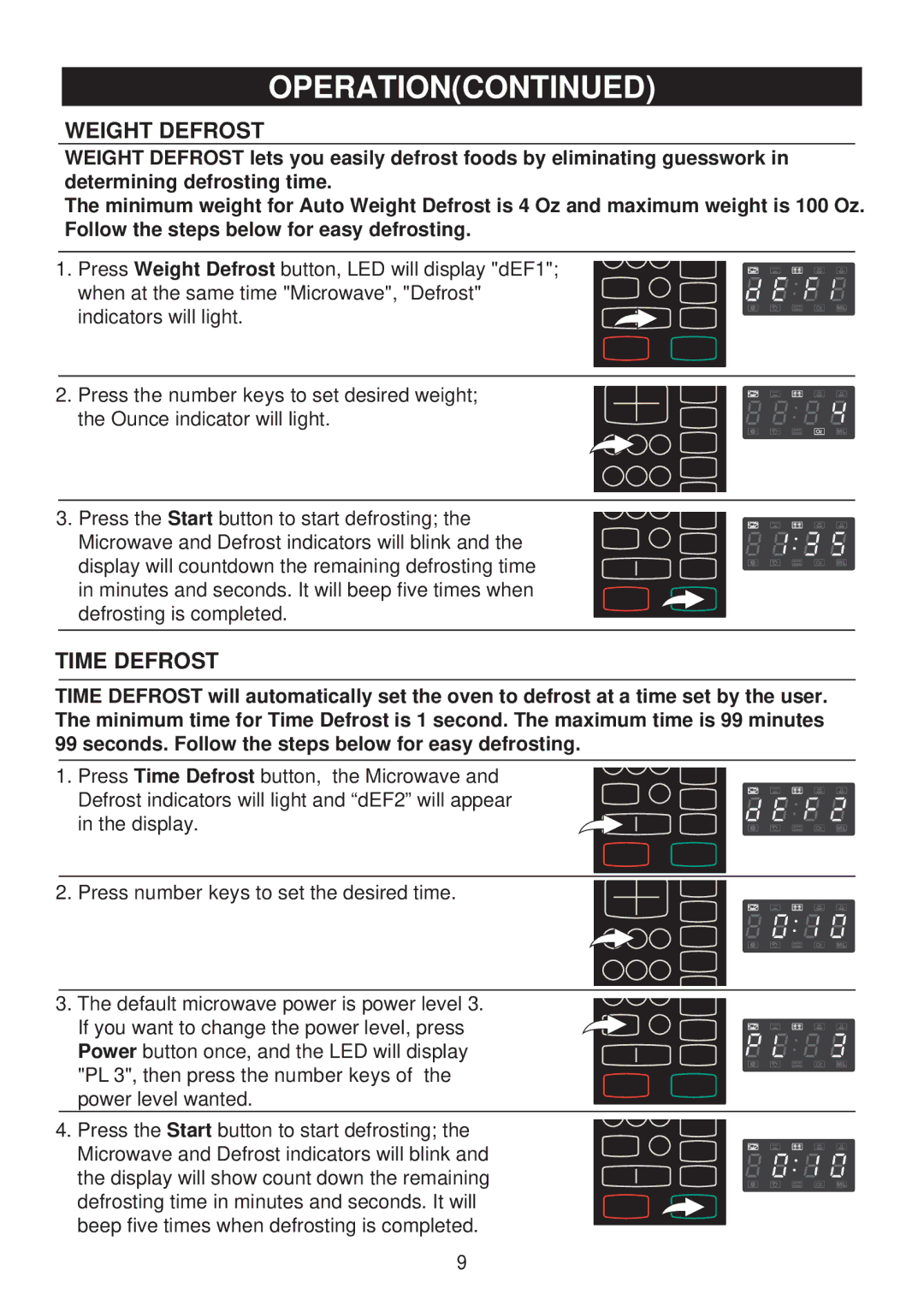 Emerson MW8992GN, MW8992SB owner manual Weight Defrost, Time Defrost 