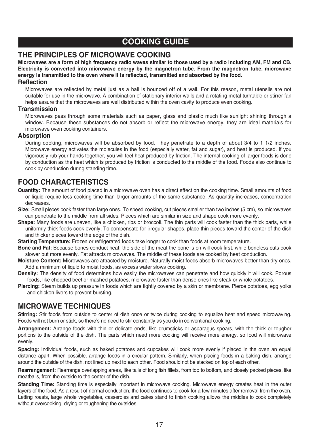 Emerson MW8992GN, MW8992SB owner manual Cooking Guide, Reflection, Transmission, Absorption 