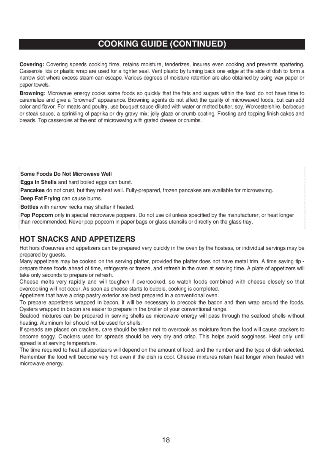 Emerson MW8992SB, MW8992GN HOT Snacks and Appetizers, Some Foods Do Not Microwave Well, Deep Fat Frying can cause burns 