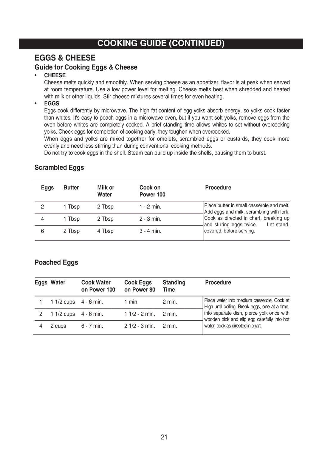 Emerson MW8992GN, MW8992SB owner manual Guide for Cooking Eggs & Cheese, Scrambled Eggs, Poached Eggs 