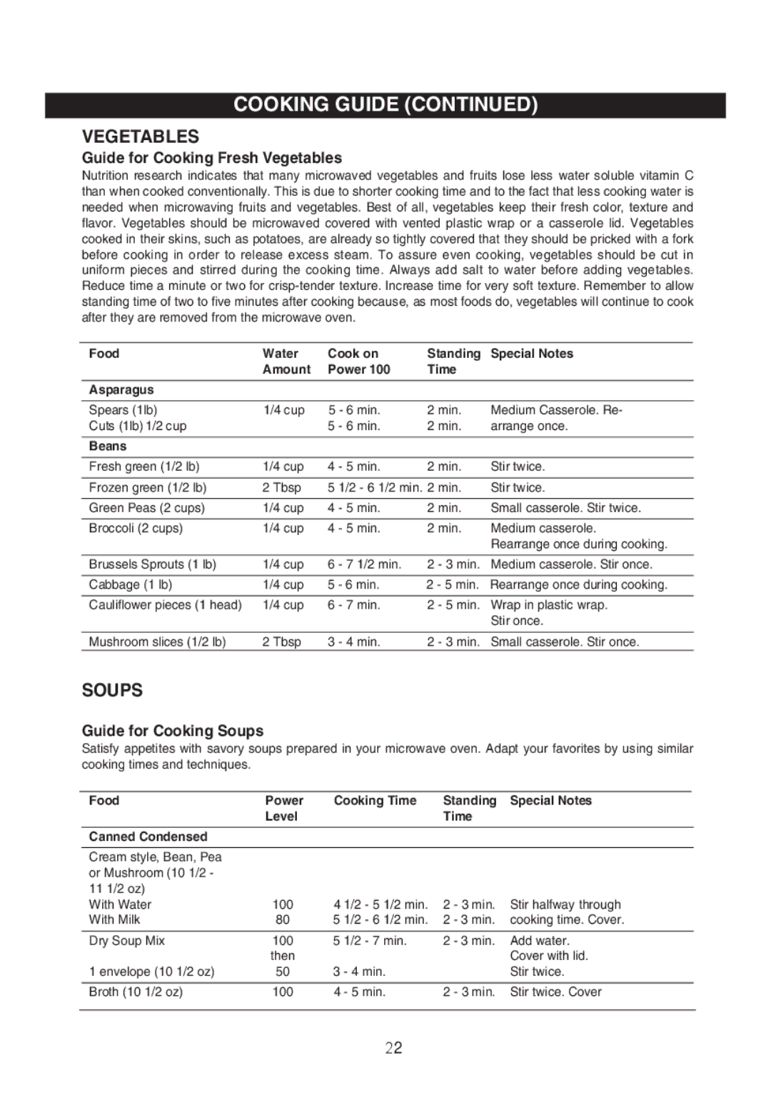 Emerson MW8992SB, MW8992GN owner manual Vegetables, Beans 