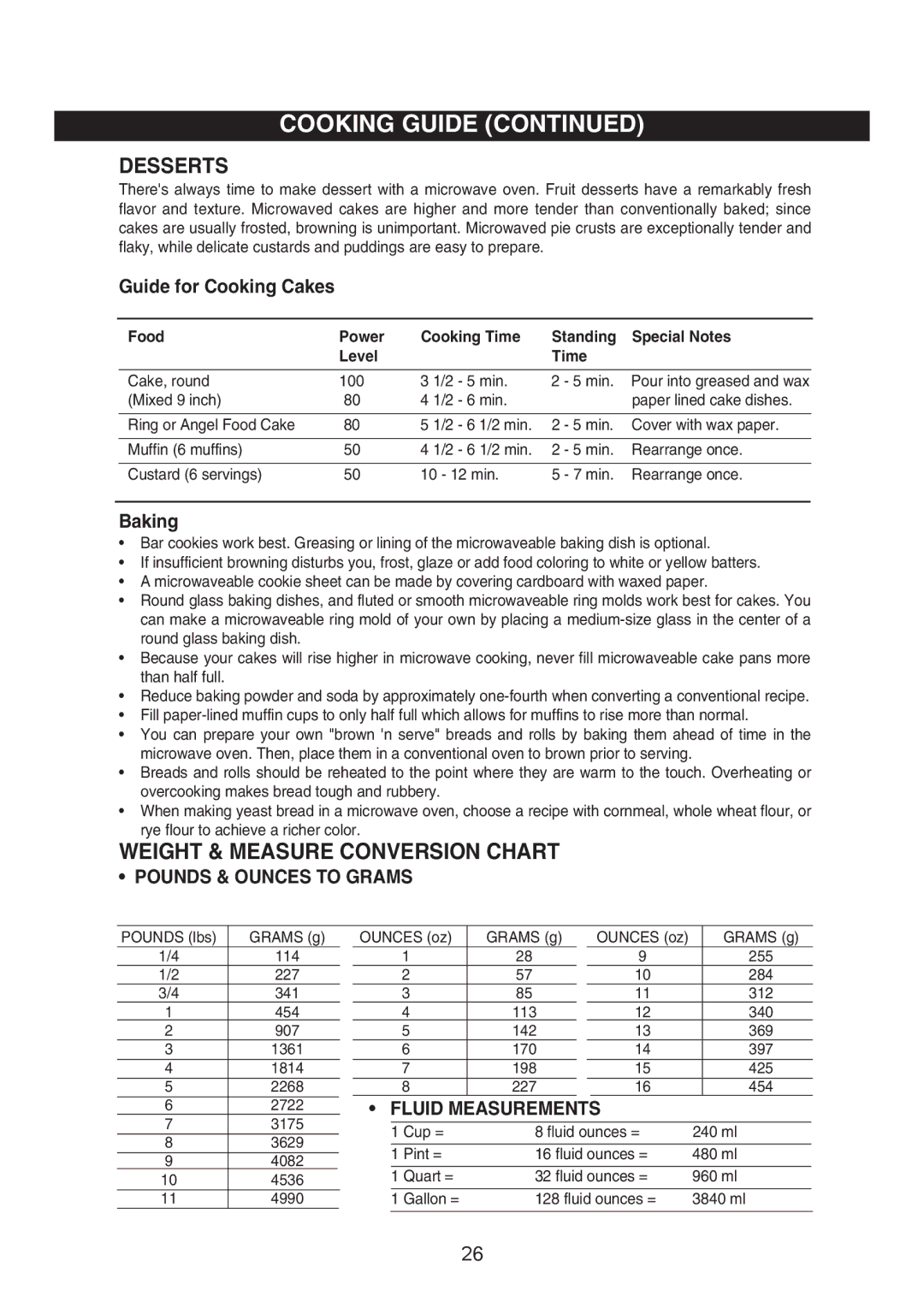 Emerson MW8992SB, MW8992GN owner manual Weight & Measure Conversion Chart, Guide for Cooking Cakes, Baking 