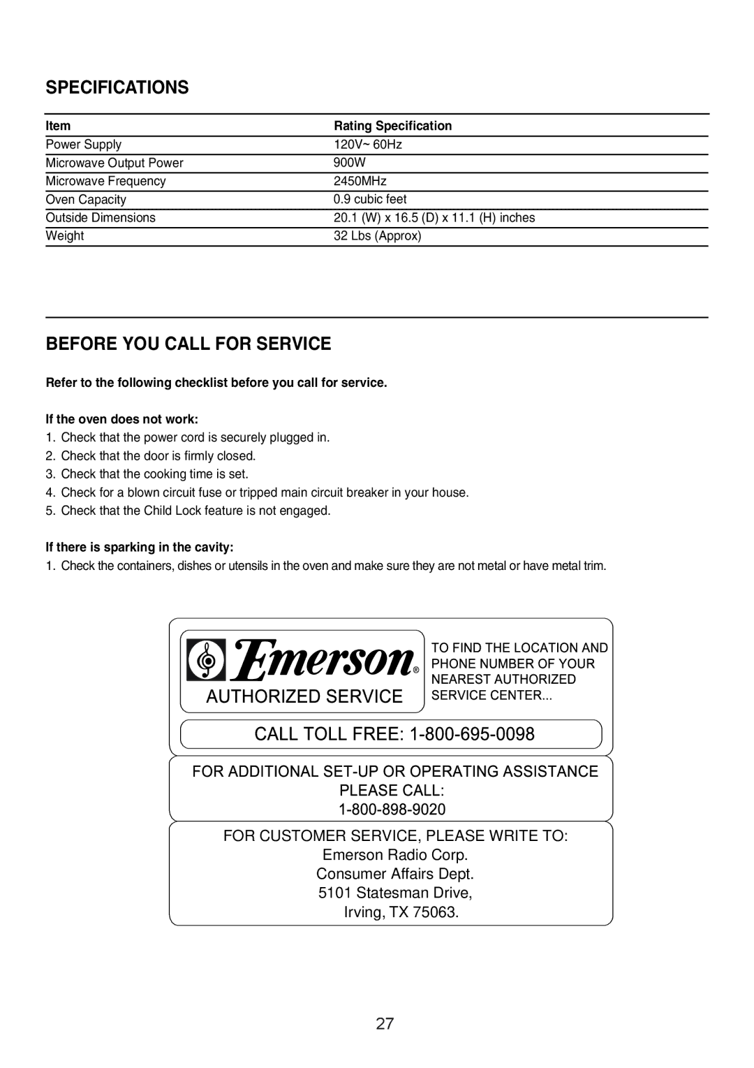 Emerson MW8992GN Specifications, Before YOU Call for Service, Rating Specification, If there is sparking in the cavity 