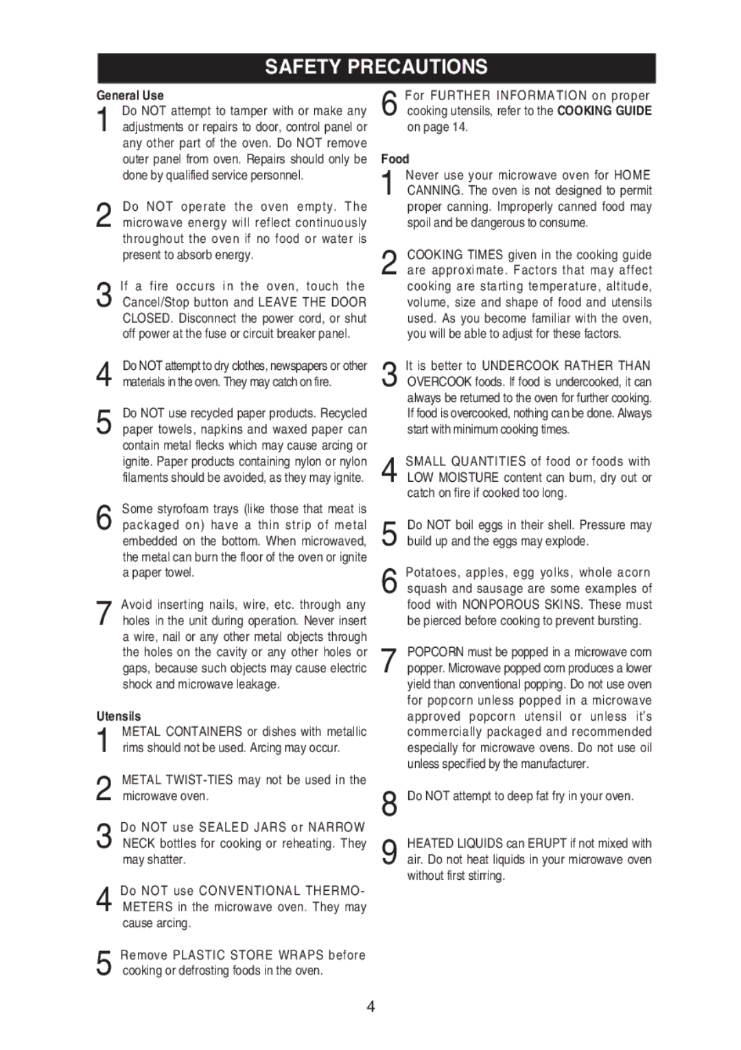 Emerson MW8992SB, MW8992GN owner manual Safety Precautions, General Use, Utensils 