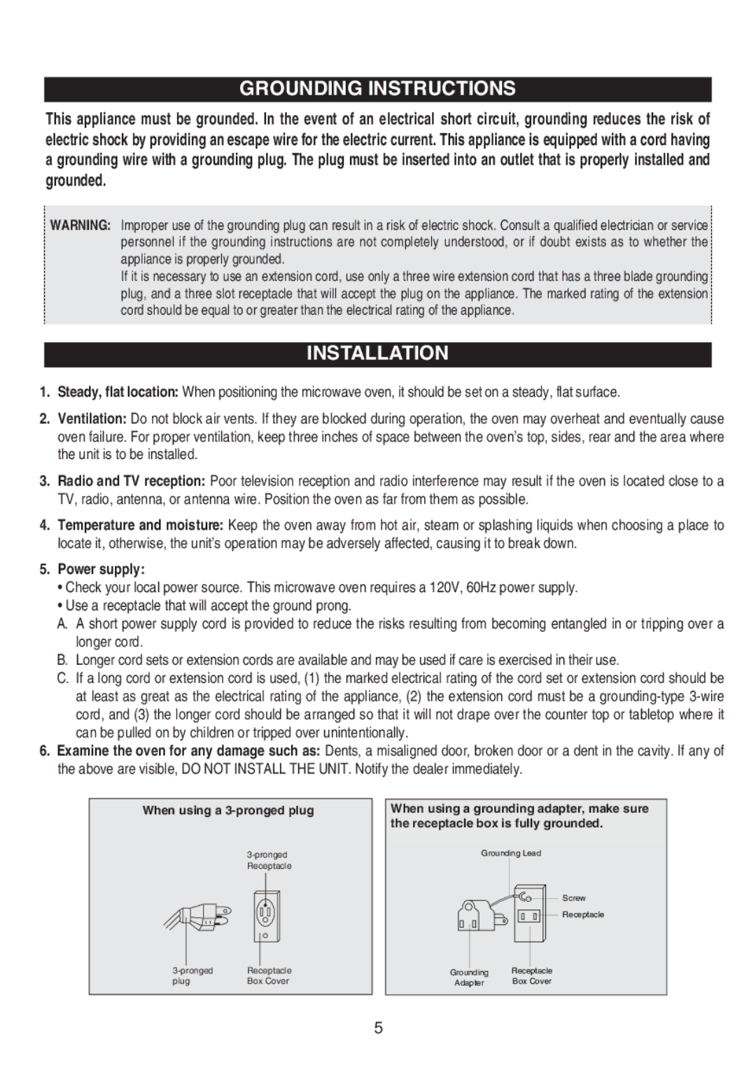 Emerson MW8992GN, MW8992SB owner manual Grounding Instructions, Installation 