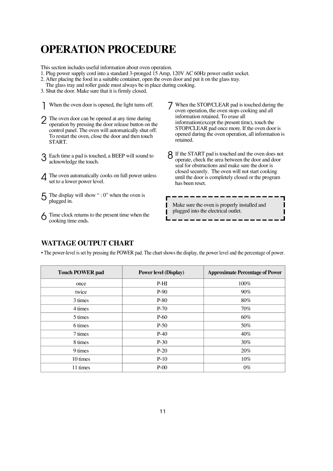 Emerson MW8993WC/BC Operation Procedure, Wattage Output Chart, 100%, 90%, Times 80% 70% 60% 50% 40% 30% 20% 10% 