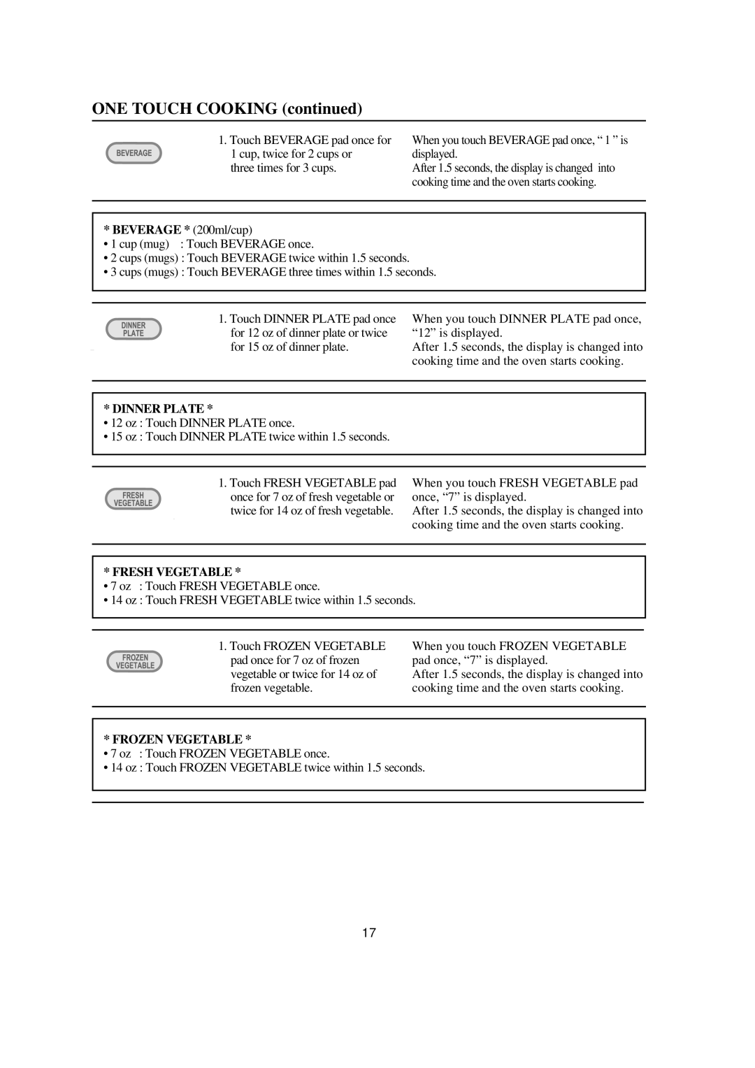 Emerson MW8993WC/BC owner manual Touch Beverage pad once for, Dinner Plate, Fresh Vegetable, Frozen Vegetable 