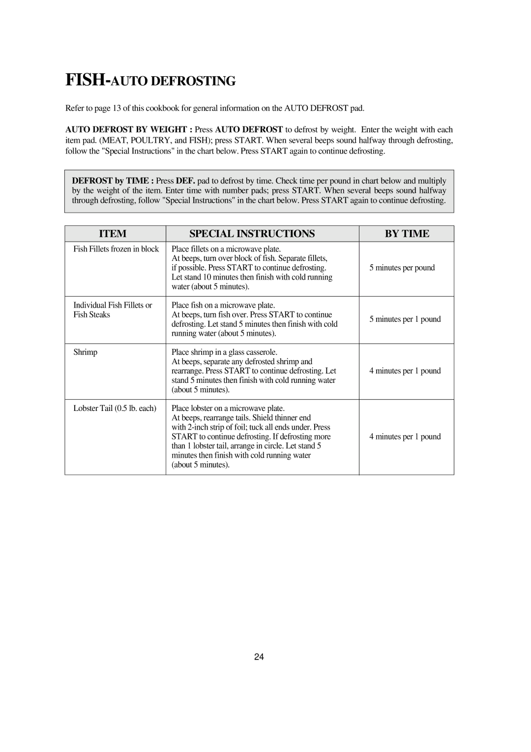 Emerson MW8993WC/BC owner manual FISH-AUTO Defrosting, Special Instructions By Time 