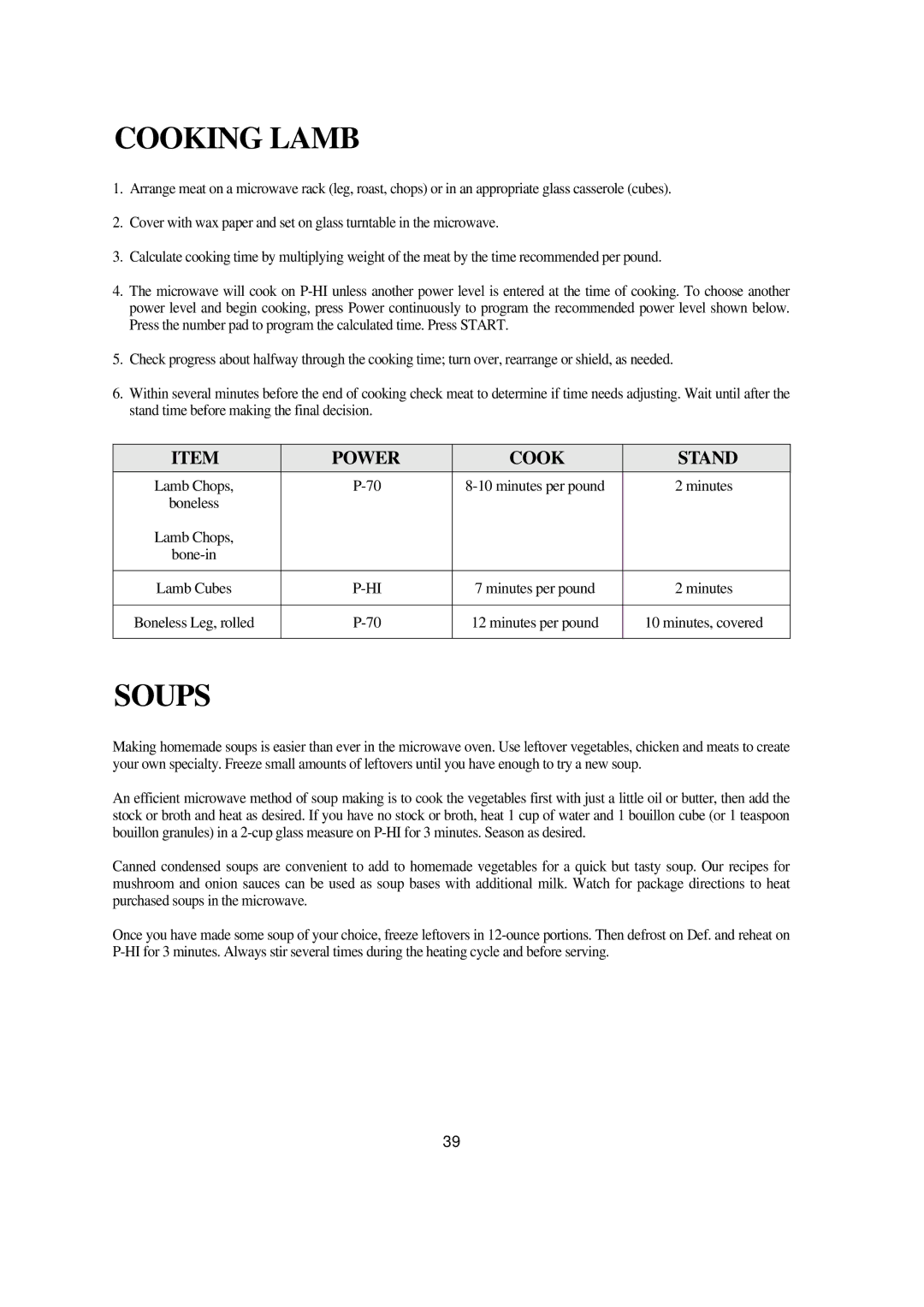 Emerson MW8993WC/BC owner manual Cooking Lamb, Soups 