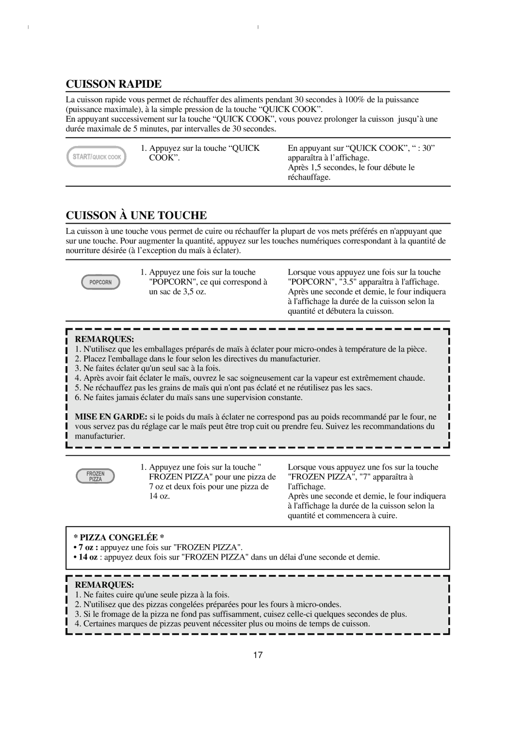 Emerson MW8993WC/BC owner manual Cuisson Rapide, Cuisson À UNE Touche, Remarques, Pizza Congelée 