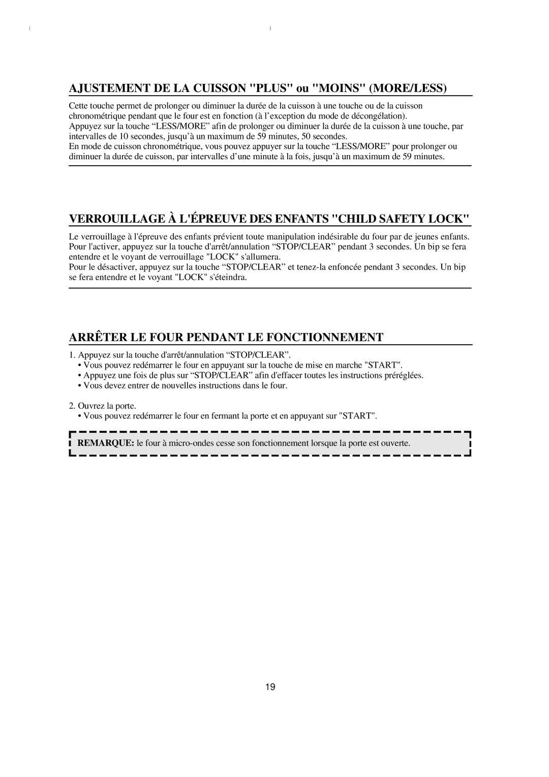 Emerson MW8993WC/BC Verrouillage À Lépreuve DES Enfants Child Safety Lock, Arrêter LE Four Pendant LE Fonctionnement 