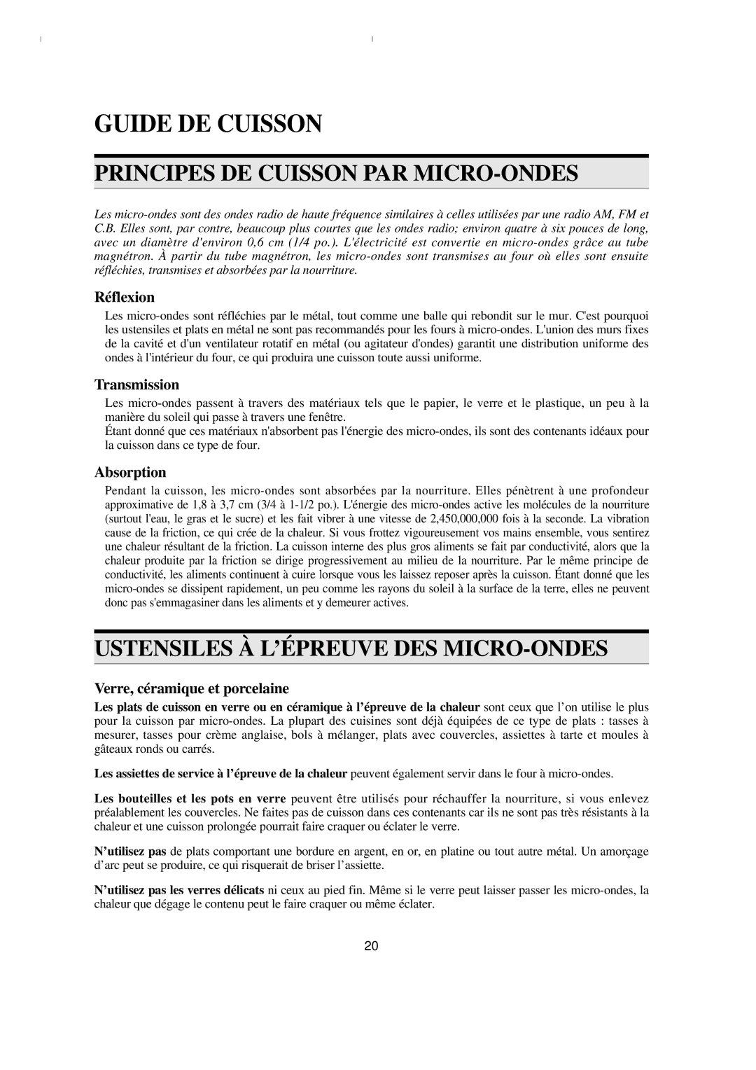 Emerson MW8993WC/BC Guide DE Cuisson, Principes DE Cuisson PAR MICRO-ONDES, Ustensiles À L’ÉPREUVE DES MICRO-ONDES 