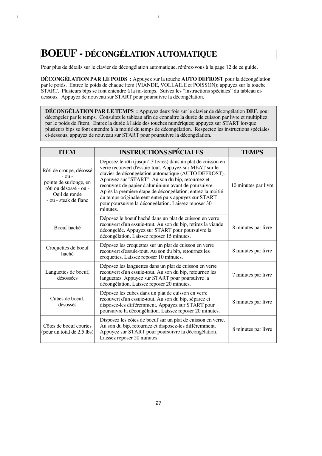 Emerson MW8993WC/BC owner manual Boeuf Décongélation Automatique 