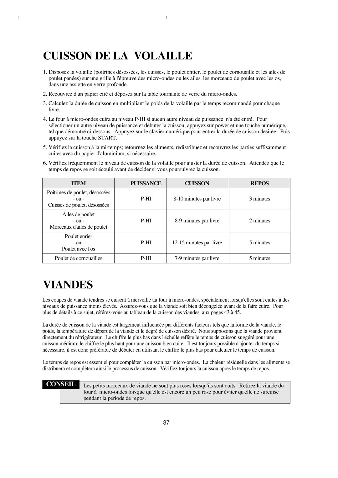 Emerson MW8993WC/BC owner manual Cuisson DE LA Volaille, Viandes 