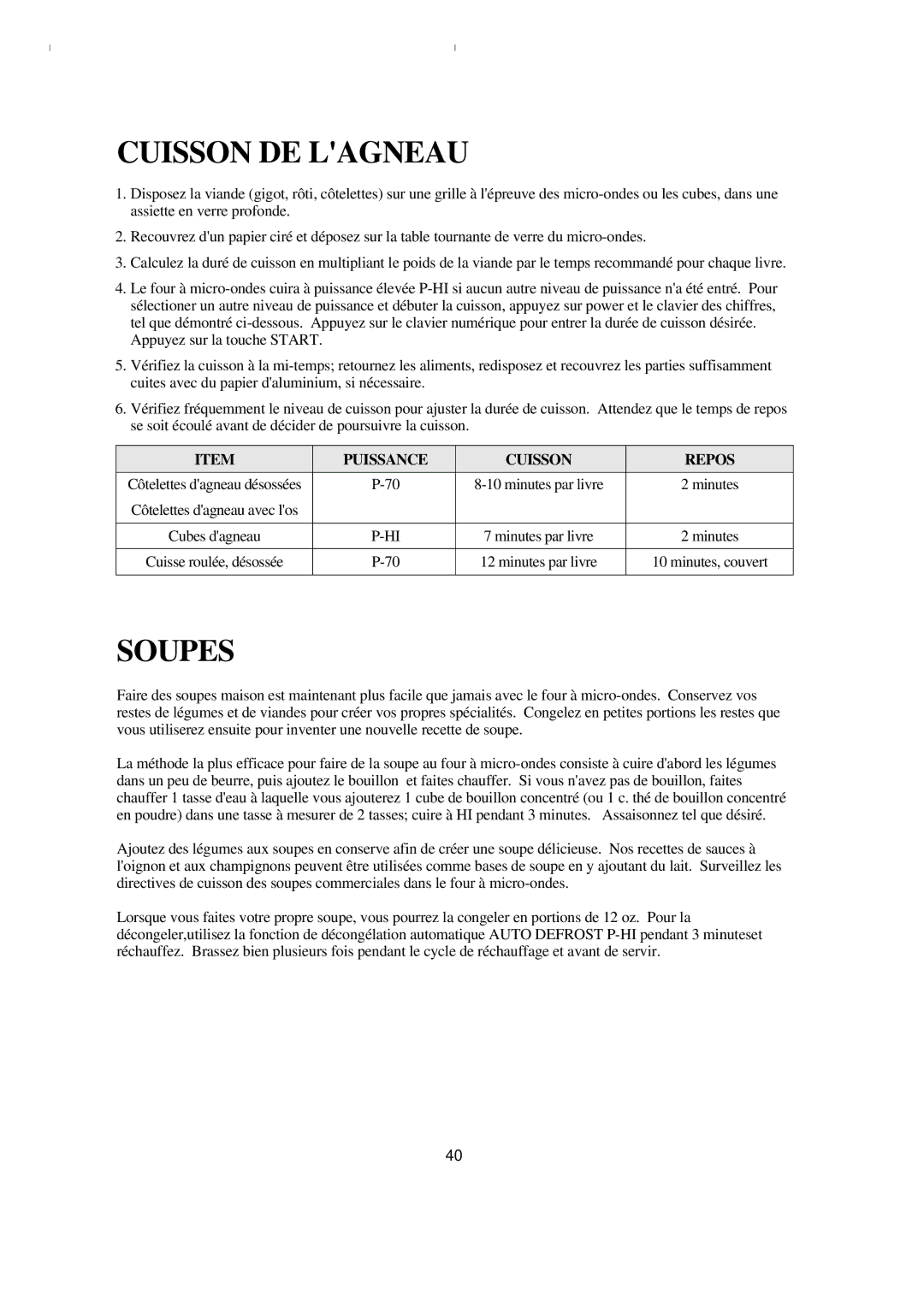 Emerson MW8993WC/BC owner manual Cuisson DE Lagneau, Soupes, Minutes, couvert 