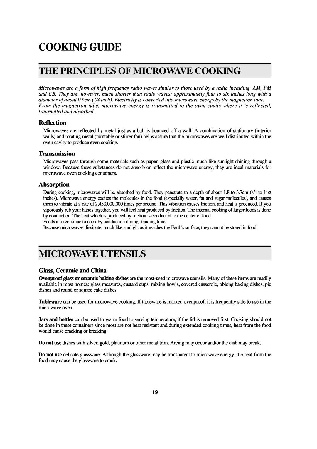 Emerson MW8993WC/BC Cooking Guide, The Principles Of Microwave Cooking, Microwave Utensils, Reflection, Transmission 