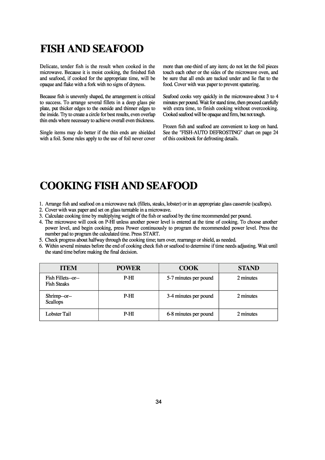 Emerson MW8993WC/BC owner manual Cooking Fish And Seafood, Power, Stand 
