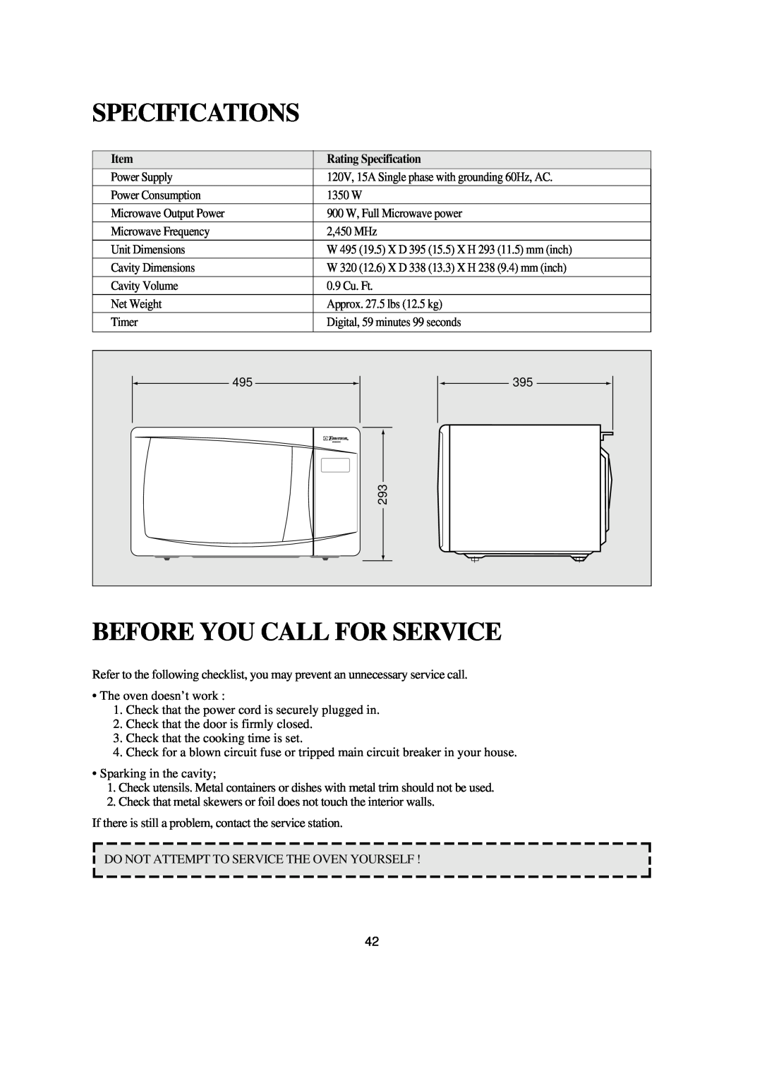 Emerson MW8993WC/BC owner manual Specifications, Before You Call For Service, Rating Specification 