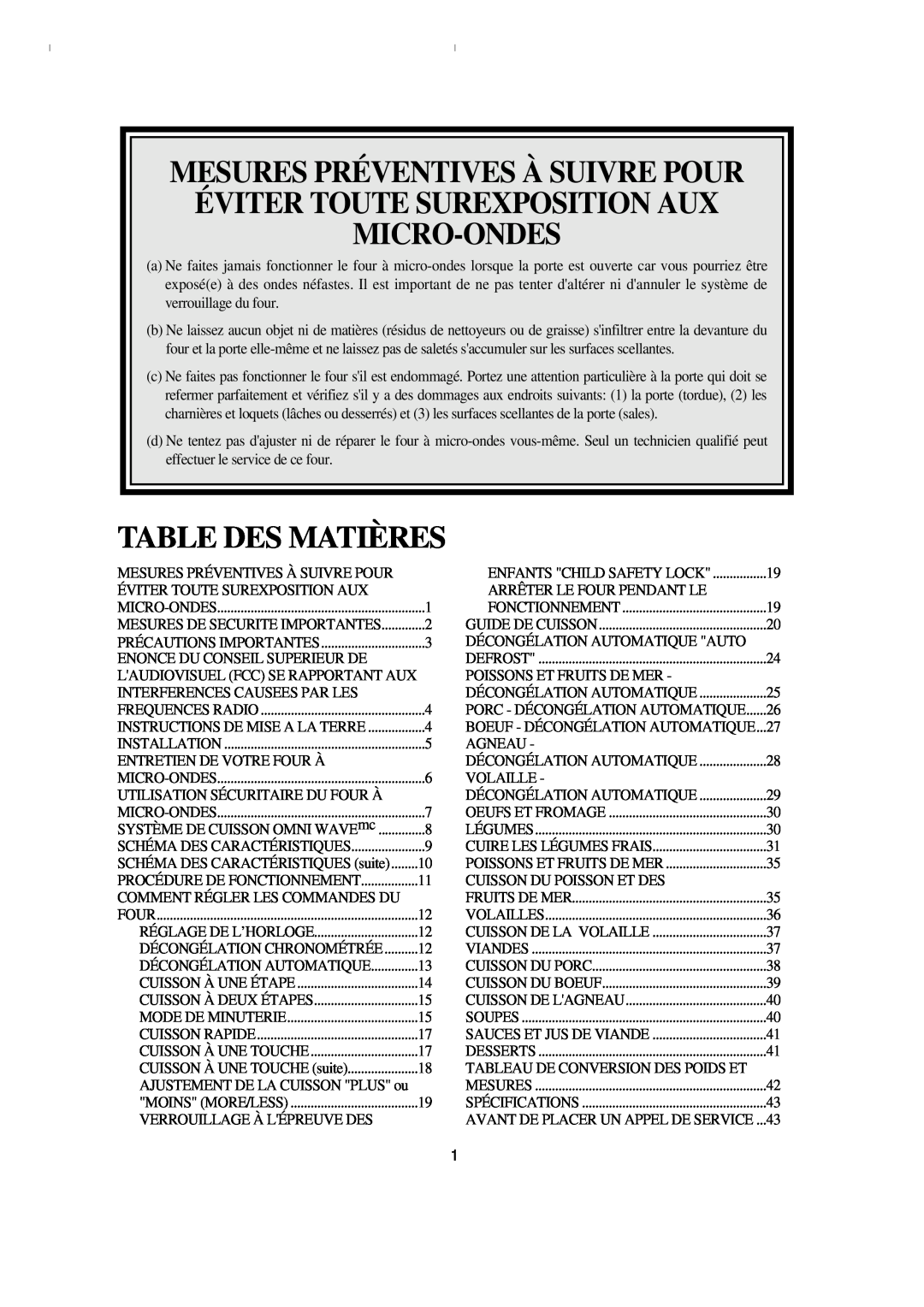 Emerson MW8993WC/BC owner manual Table Des Matières 