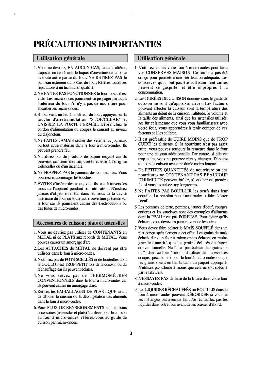 Emerson MW8993WC/BC owner manual Précautions Importantes, Utilisation générale, Accessoires de cuisson plats et ustensiles 