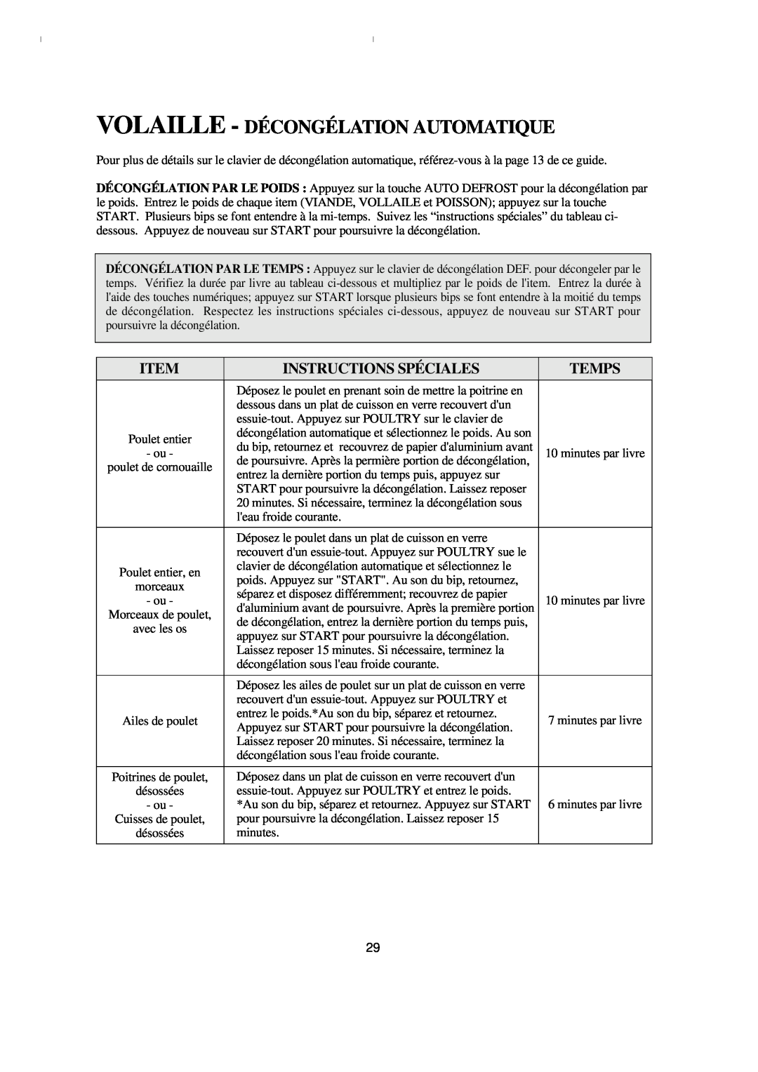 Emerson MW8993WC/BC owner manual Volaille - Décongélation Automatique, Instructions Spéciales, Temps 