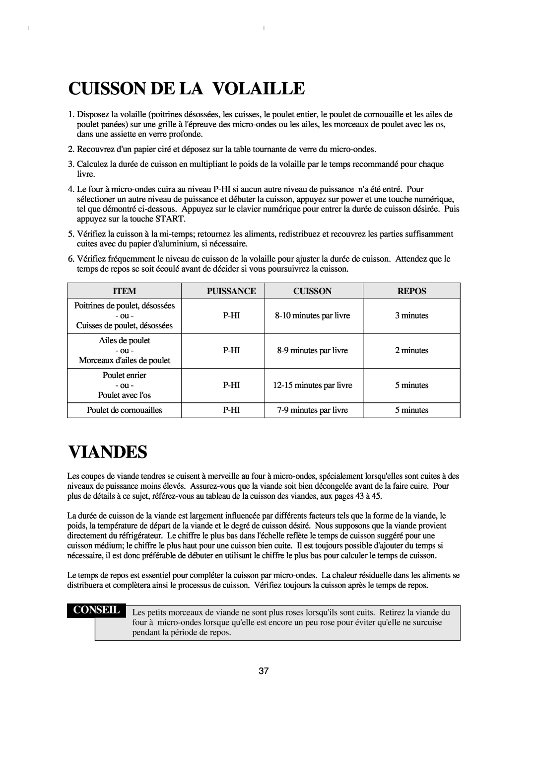 Emerson MW8993WC/BC owner manual Cuisson De La Volaille, Viandes, Conseil, Puissance, Repos 