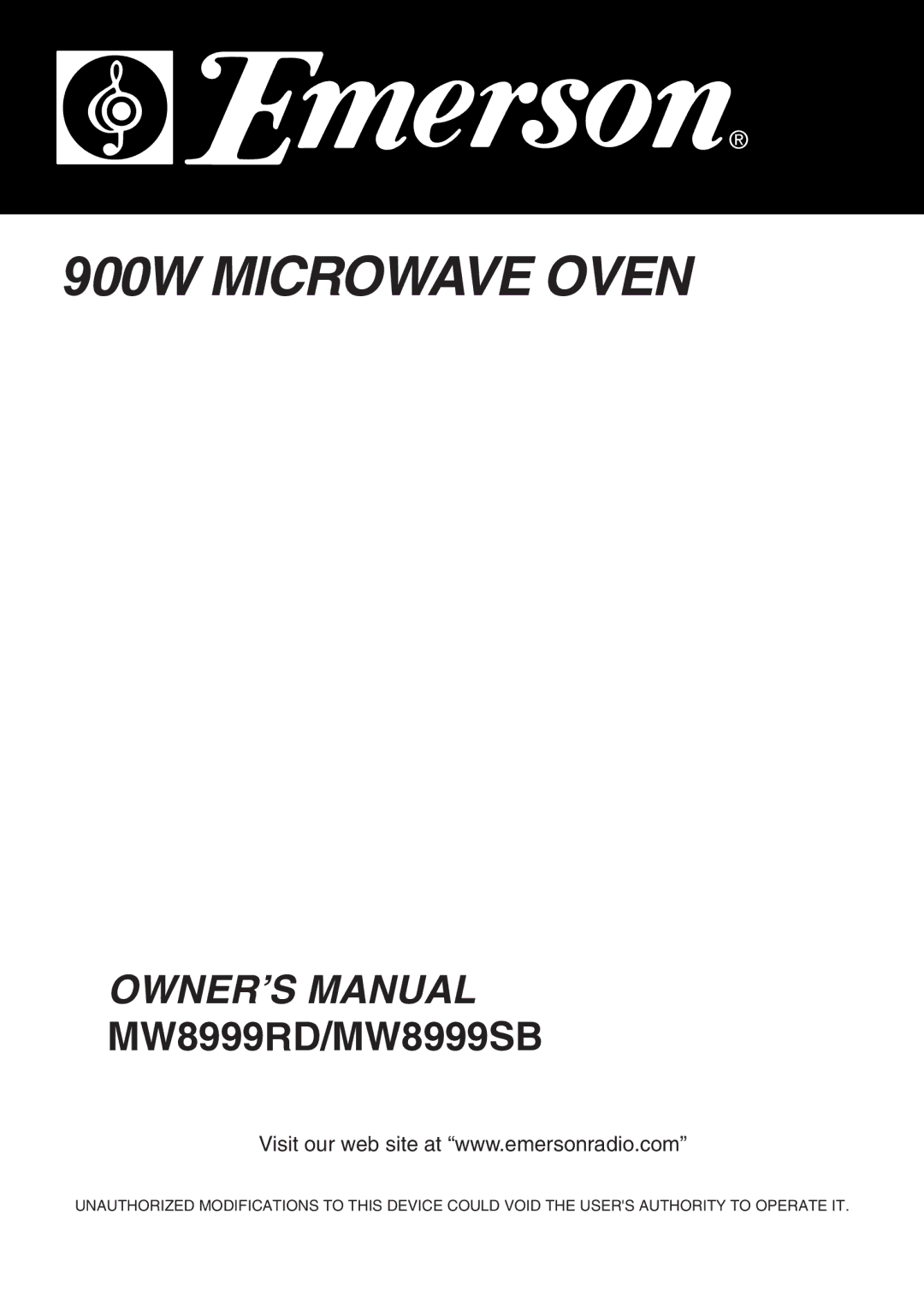 Emerson MW8999SB, MW8999RD owner manual 900W Microwave Oven 