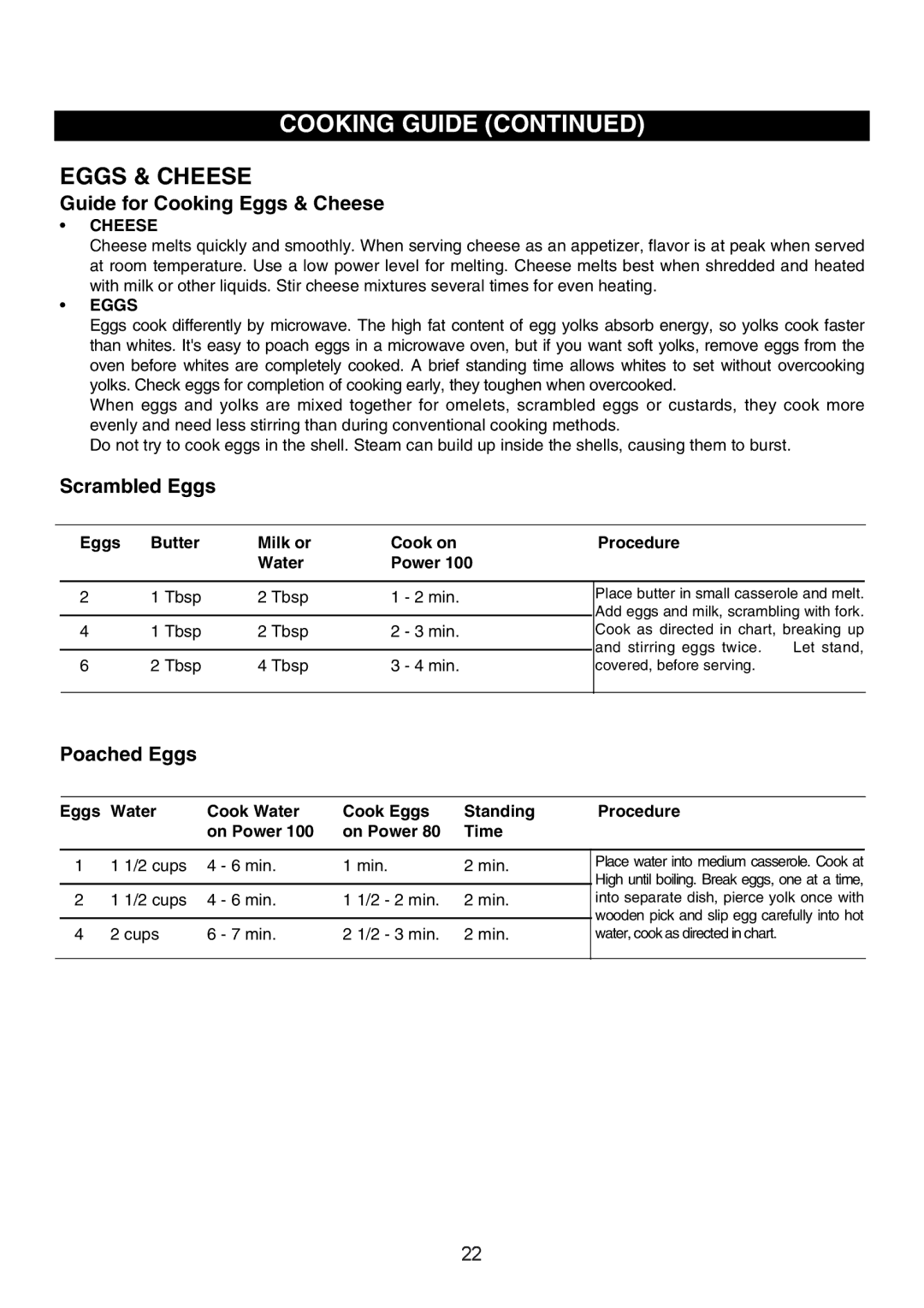 Emerson MW8999SB, MW8999RD owner manual Guide for Cooking Eggs & Cheese, Scrambled Eggs, Poached Eggs 