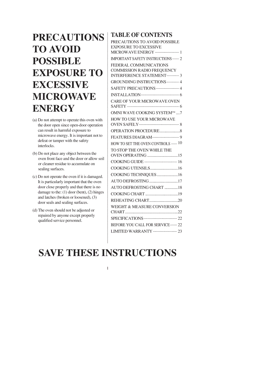 Emerson MW9107WC, MW9107BC owner manual Table of Contents 