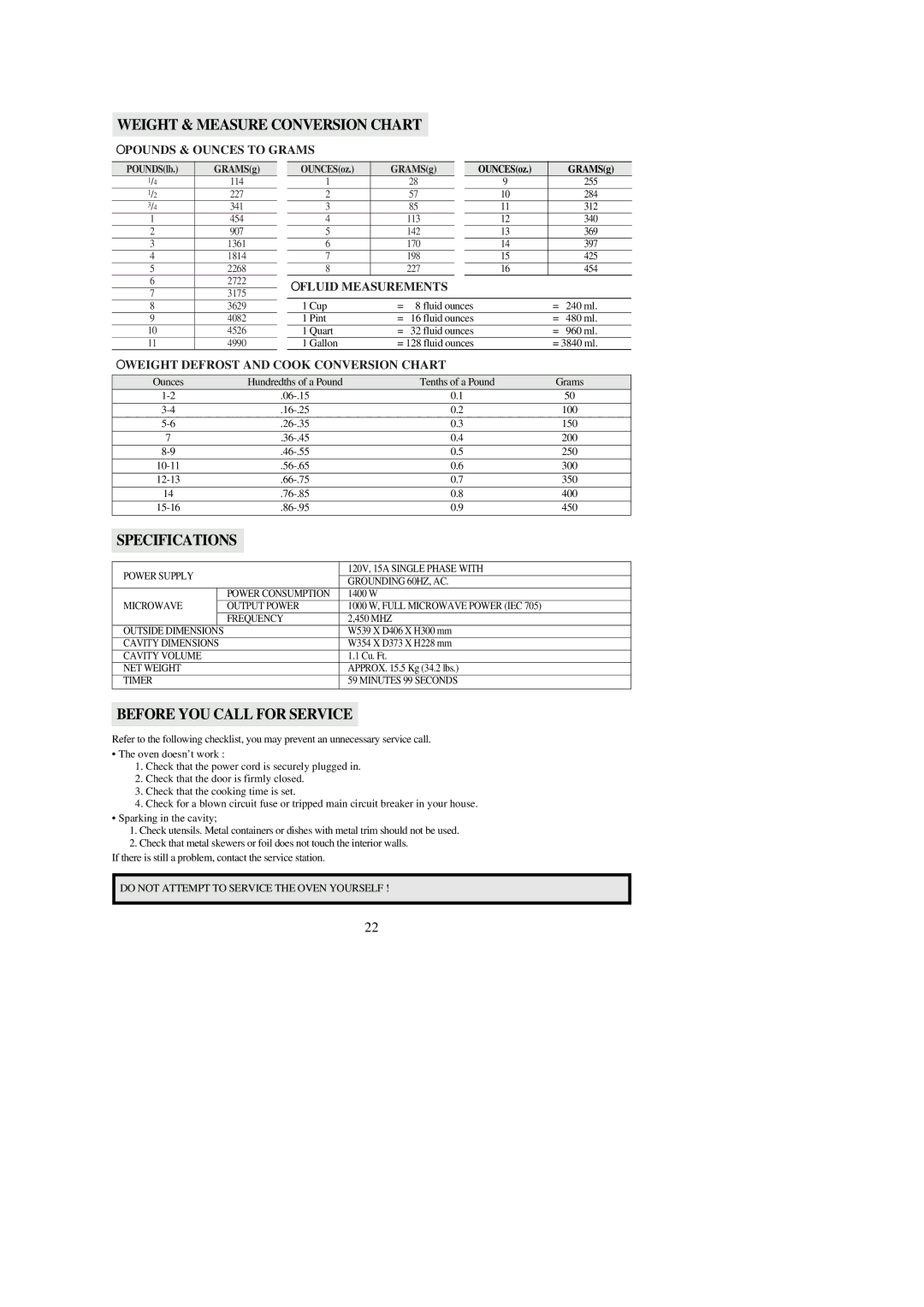 Emerson MW9107BC, MW9107WC owner manual Weight & Measure Conversion Chart, Specifications, Before YOU Call for Service 