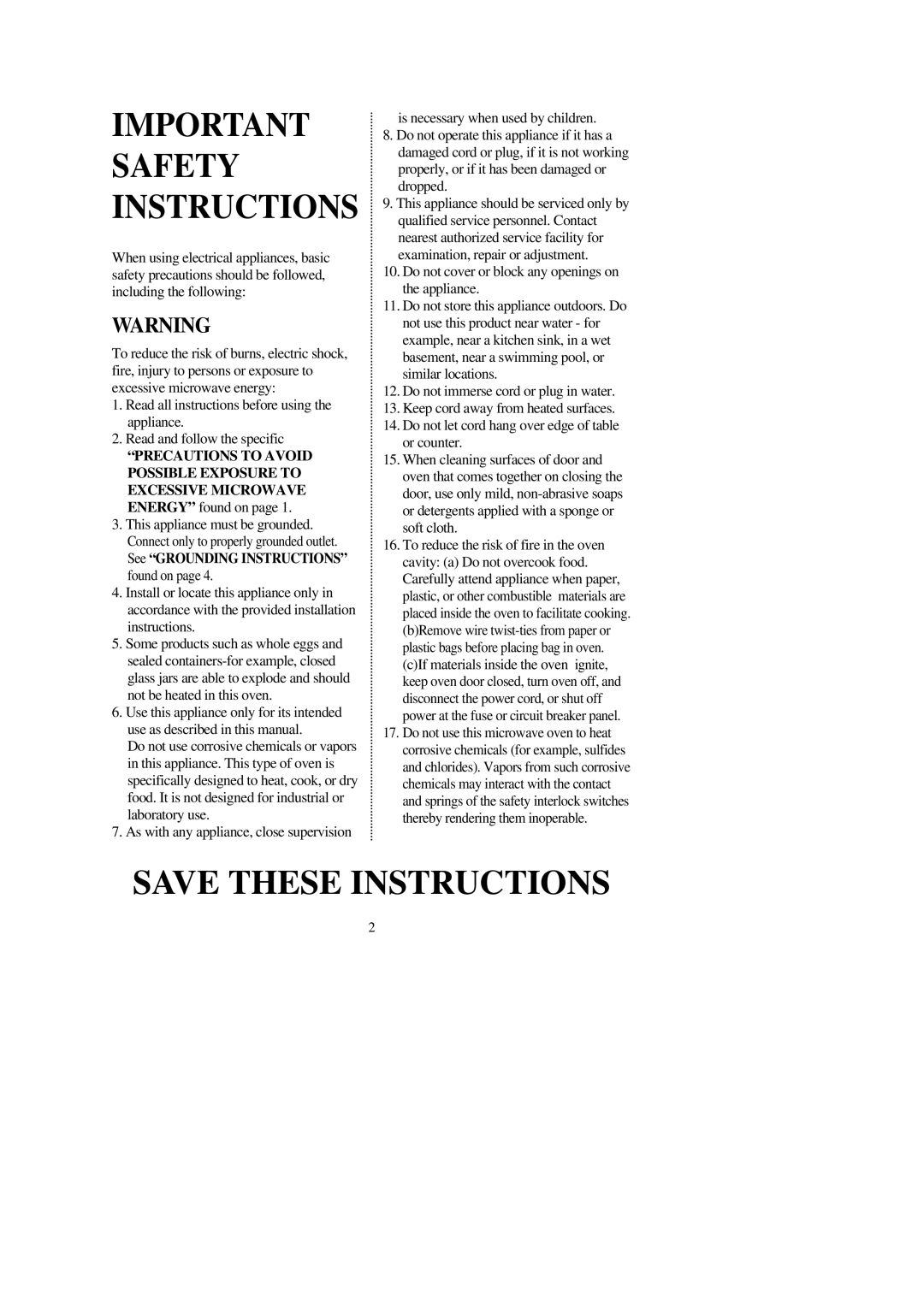 Emerson MW9107BC, MW9107WC owner manual Important Safety Instructions 