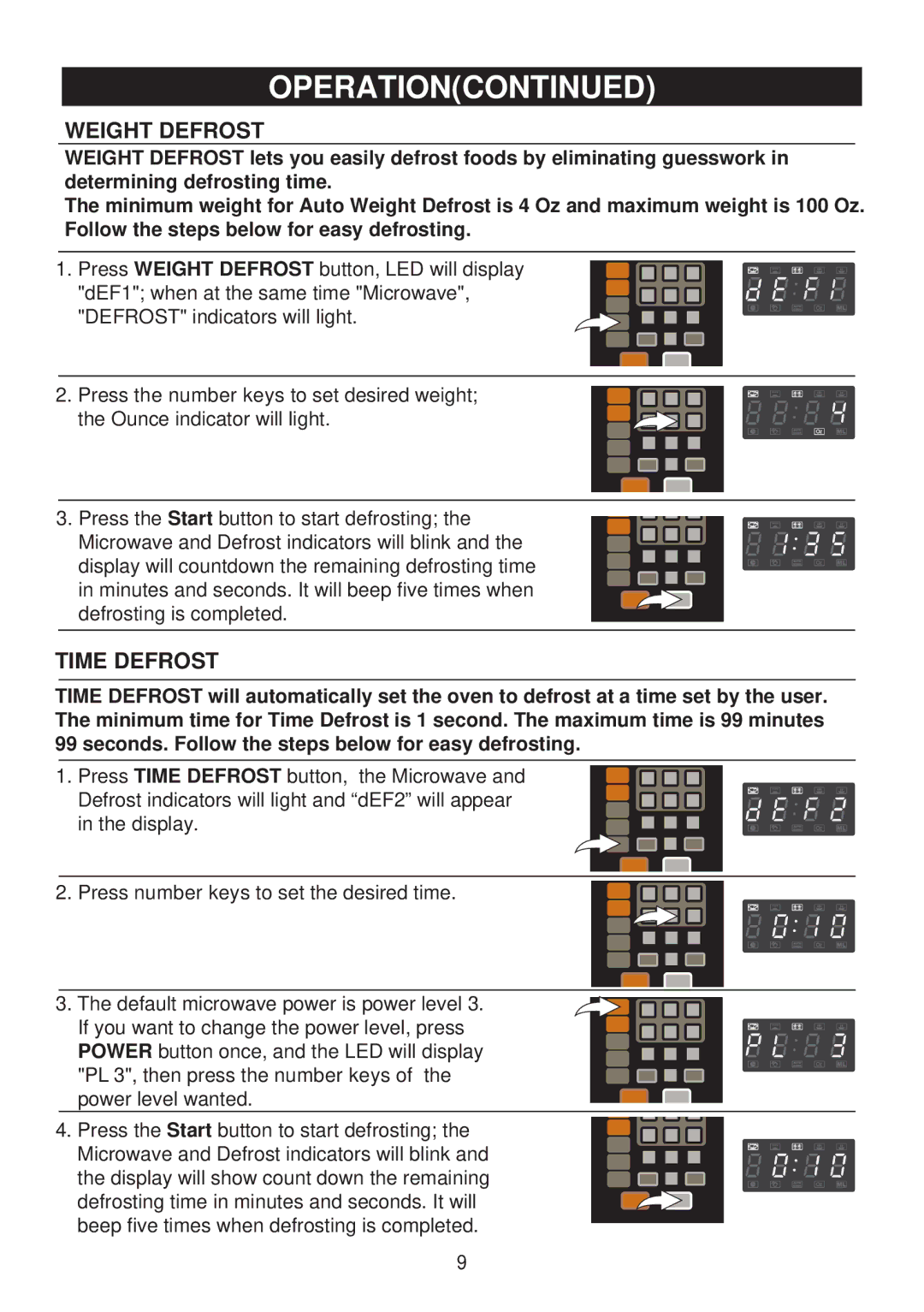 Emerson MW9117B, MW9117W, MW9113SS owner manual Weight Defrost, Time Defrost 