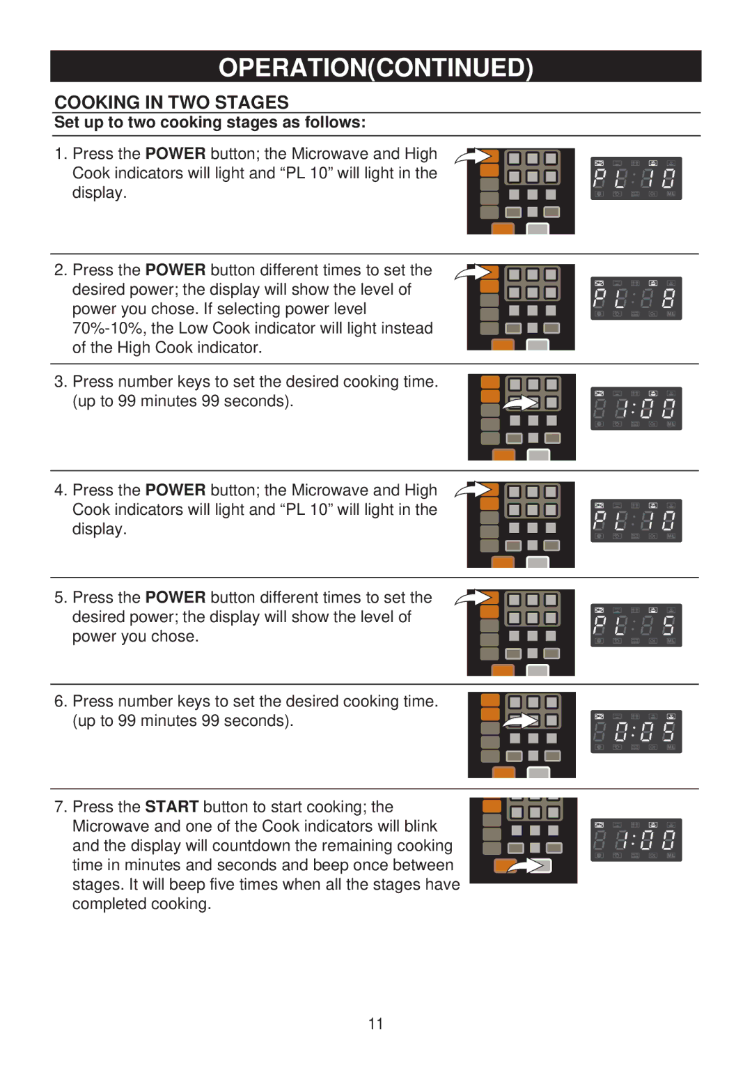 Emerson MW9117W, MW9117B, MW9113SS owner manual Cooking in TWO Stages, Set up to two cooking stages as follows 