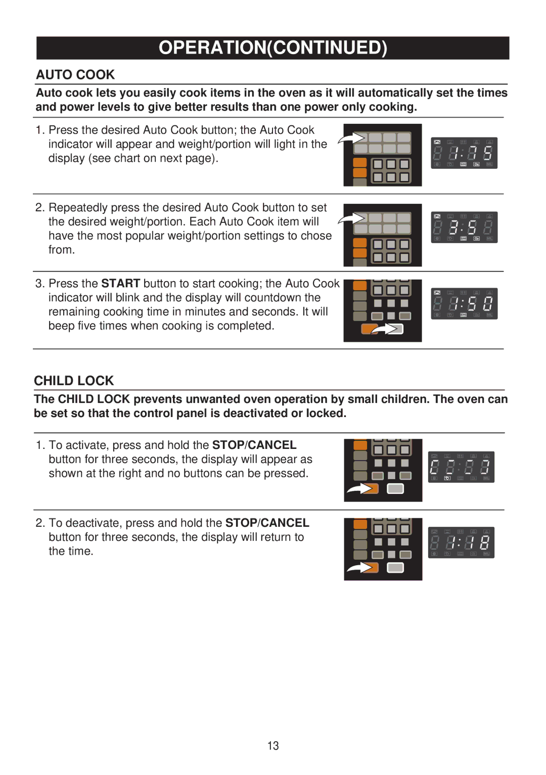 Emerson MW9113SS, MW9117W, MW9117B owner manual Auto Cook, Child Lock 