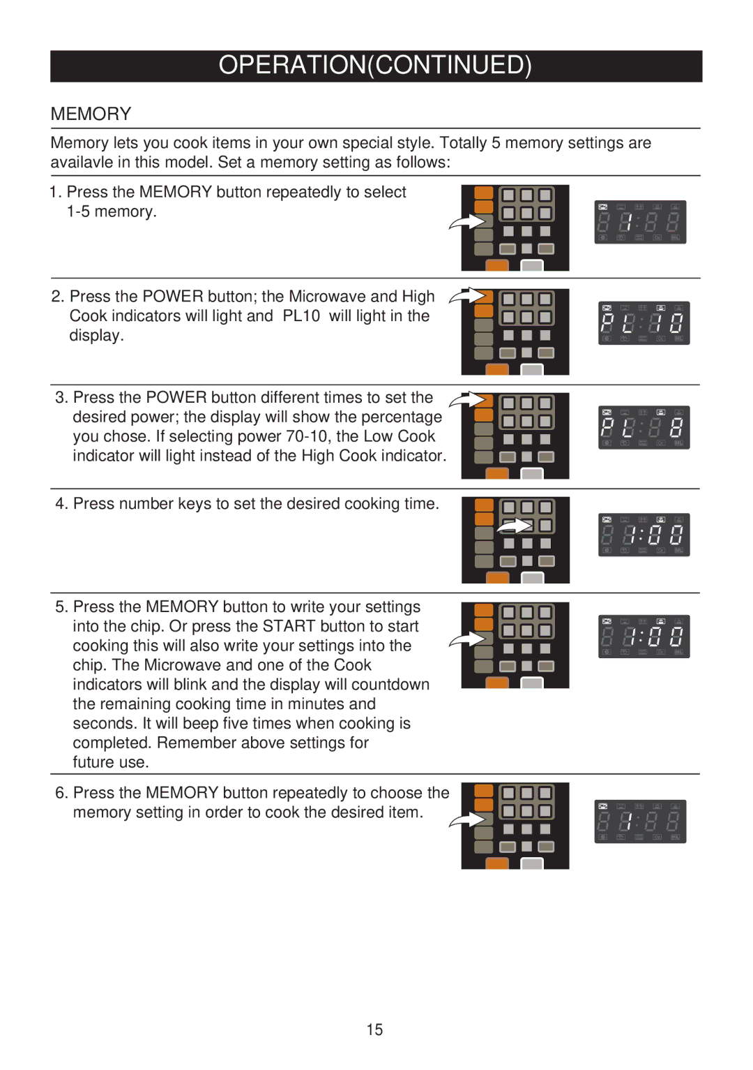 Emerson MW9117B, MW9117W, MW9113SS owner manual Memory 