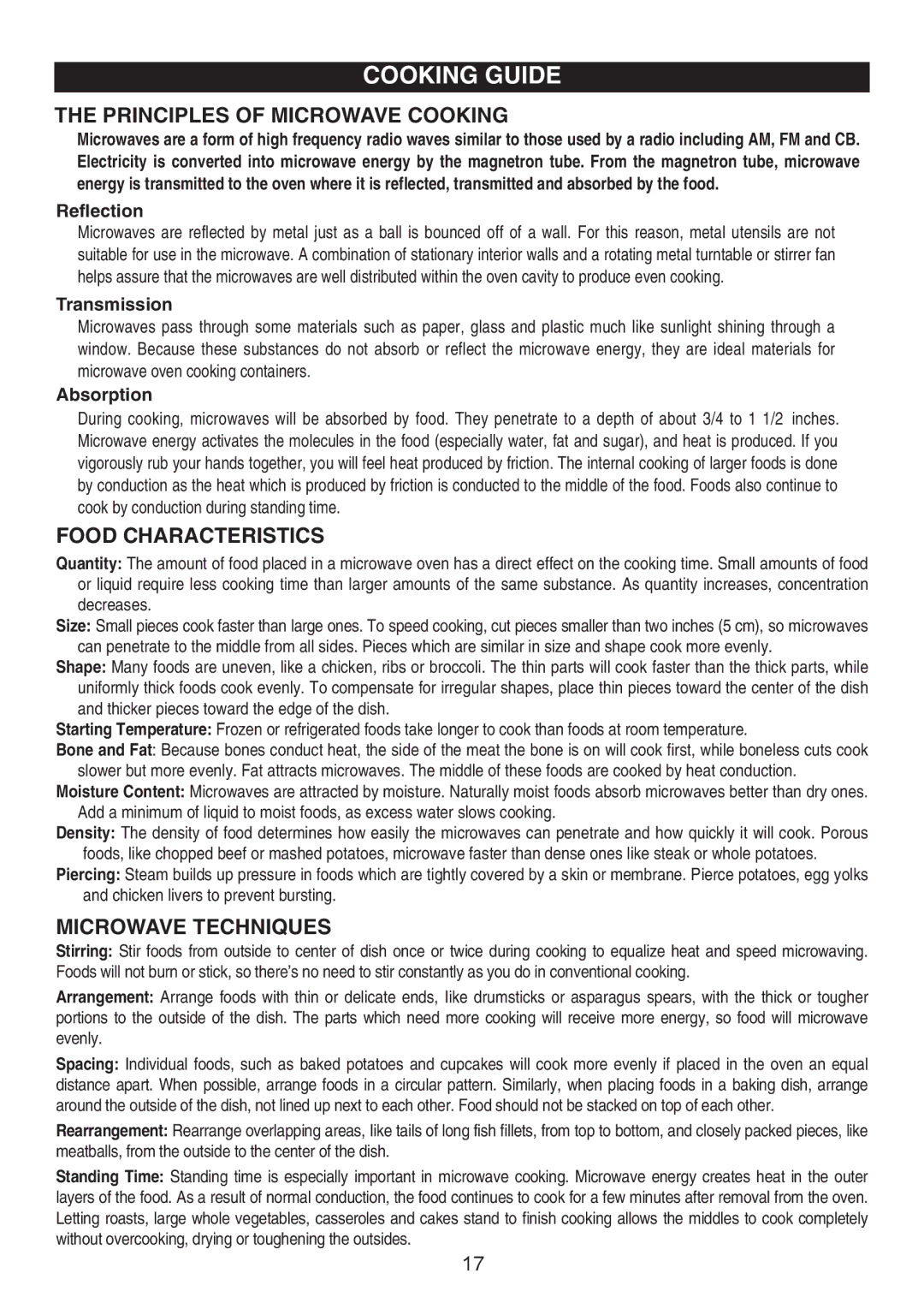 Emerson MW9117W, MW9117B, MW9113SS owner manual Principles of Microwave Cooking, Food Characteristics, Microwave Techniques 