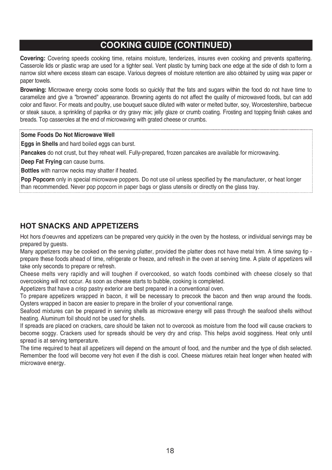 Emerson MW9117B, MW9117W HOT Snacks and Appetizers, Some Foods Do Not Microwave Well, Deep Fat Frying can cause burns 