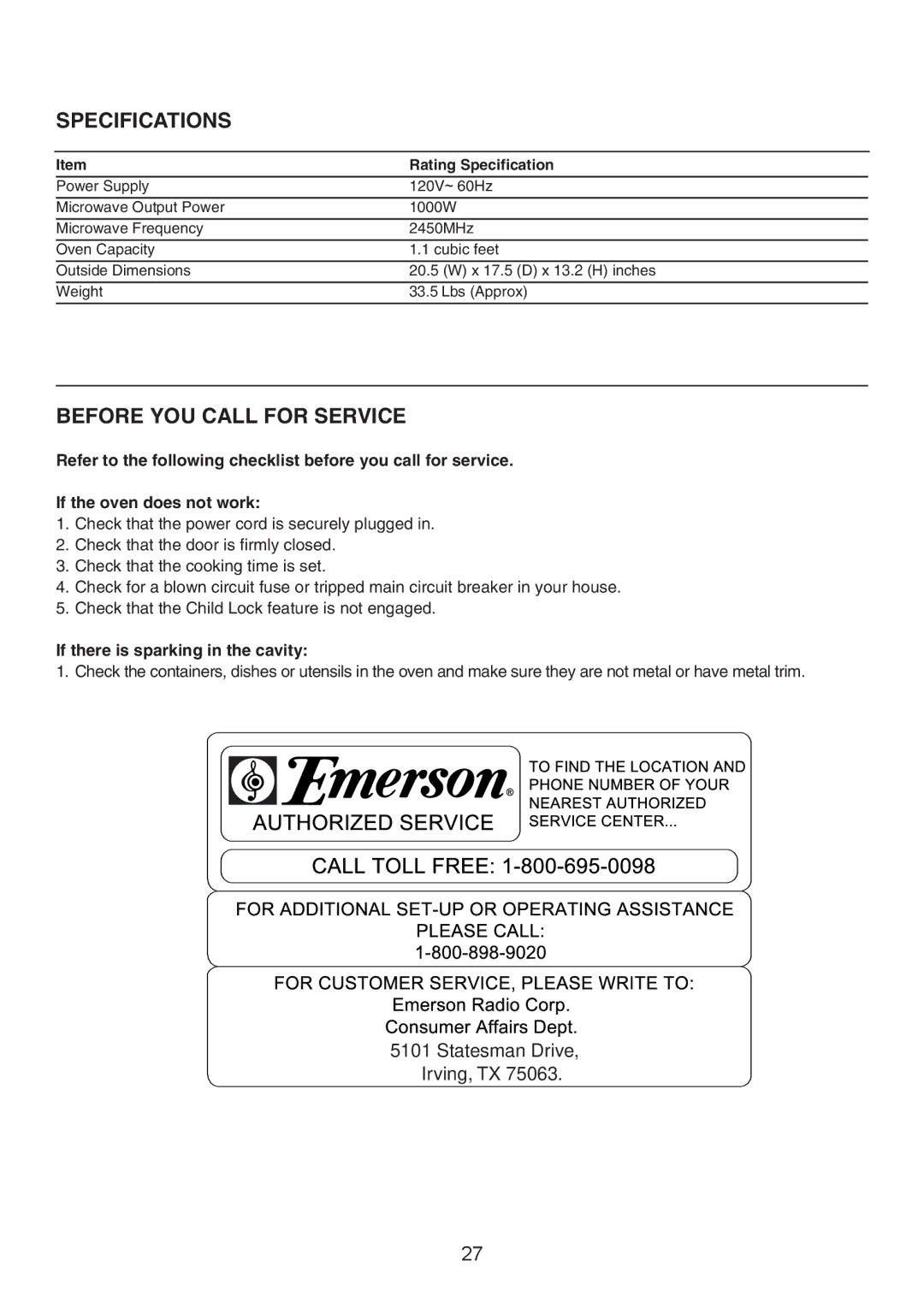 Emerson MW9117B, MW9117W, MW9113SS Specifications, Before YOU Call for Service, If there is sparking in the cavity 