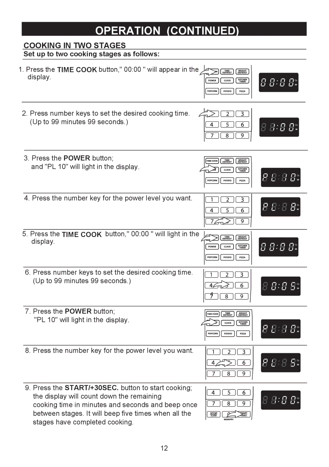 Emerson MW9325SL owner manual Cooking in TWO Stages, Set up to two cooking stages as follows 