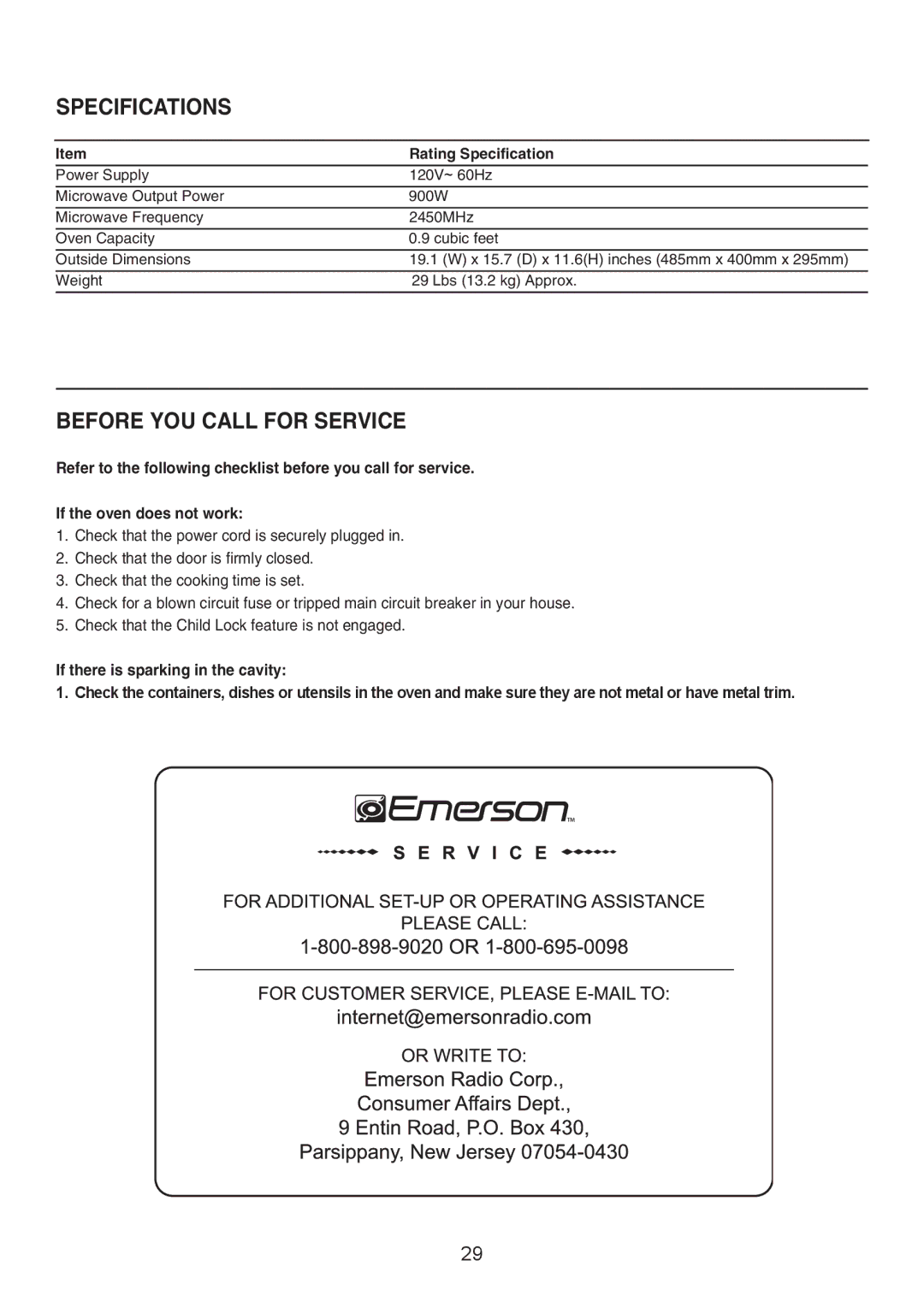 Emerson MW9325SL owner manual Specifications, Before YOU Call for Service, If there is sparking in the cavity 