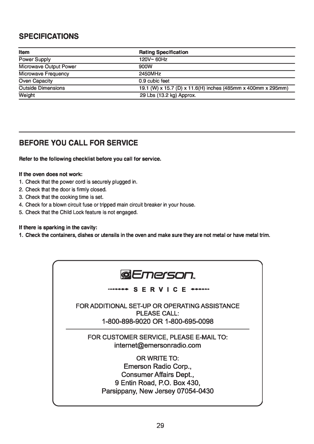 Emerson MW9325SL Specifications, Before You Call For Service, Refer to the following checklist before you call for service 