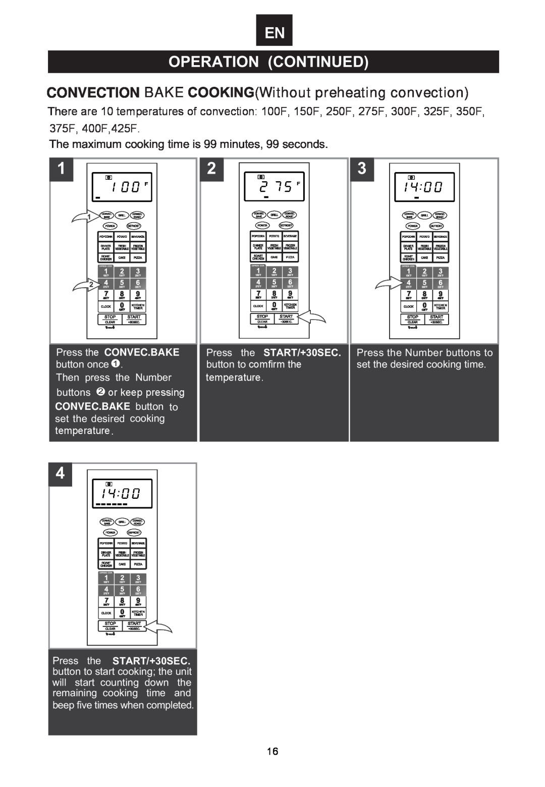 Emerson MWCG1584SB EN 235$7,21&217,18, CONVECTION BAKE&22.,1*Without preheating convection, ExwwrqRqfh, temperature 