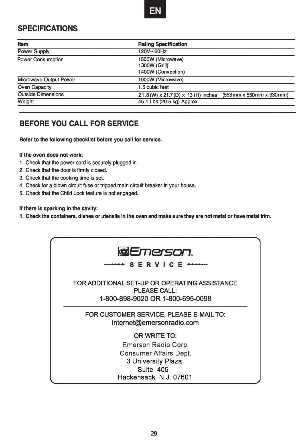Emerson MWCG1584SB Specifications, Before You Call For Service, If the oven does not work, Rating Specification 