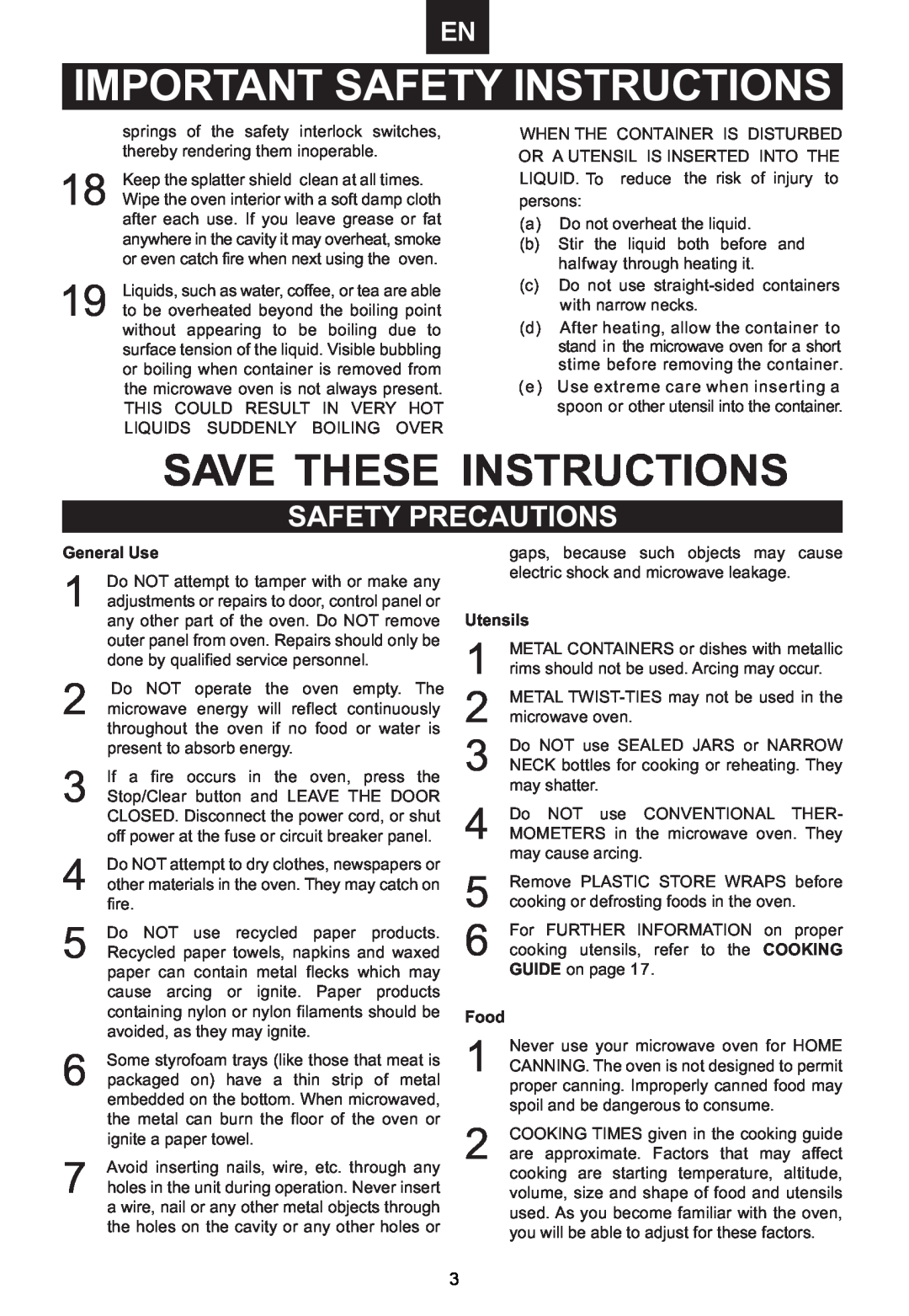 Emerson MWCG1584SB Safety Precautions, Important Safety Instructions, Save These Instructions, General Use, Utensils, Food 