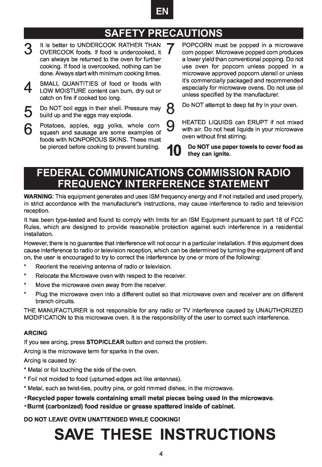 Emerson MWCG1584SB Safety Precautions, Federal Communications Commission Radio, Frequency Interference Statement, Arcing 