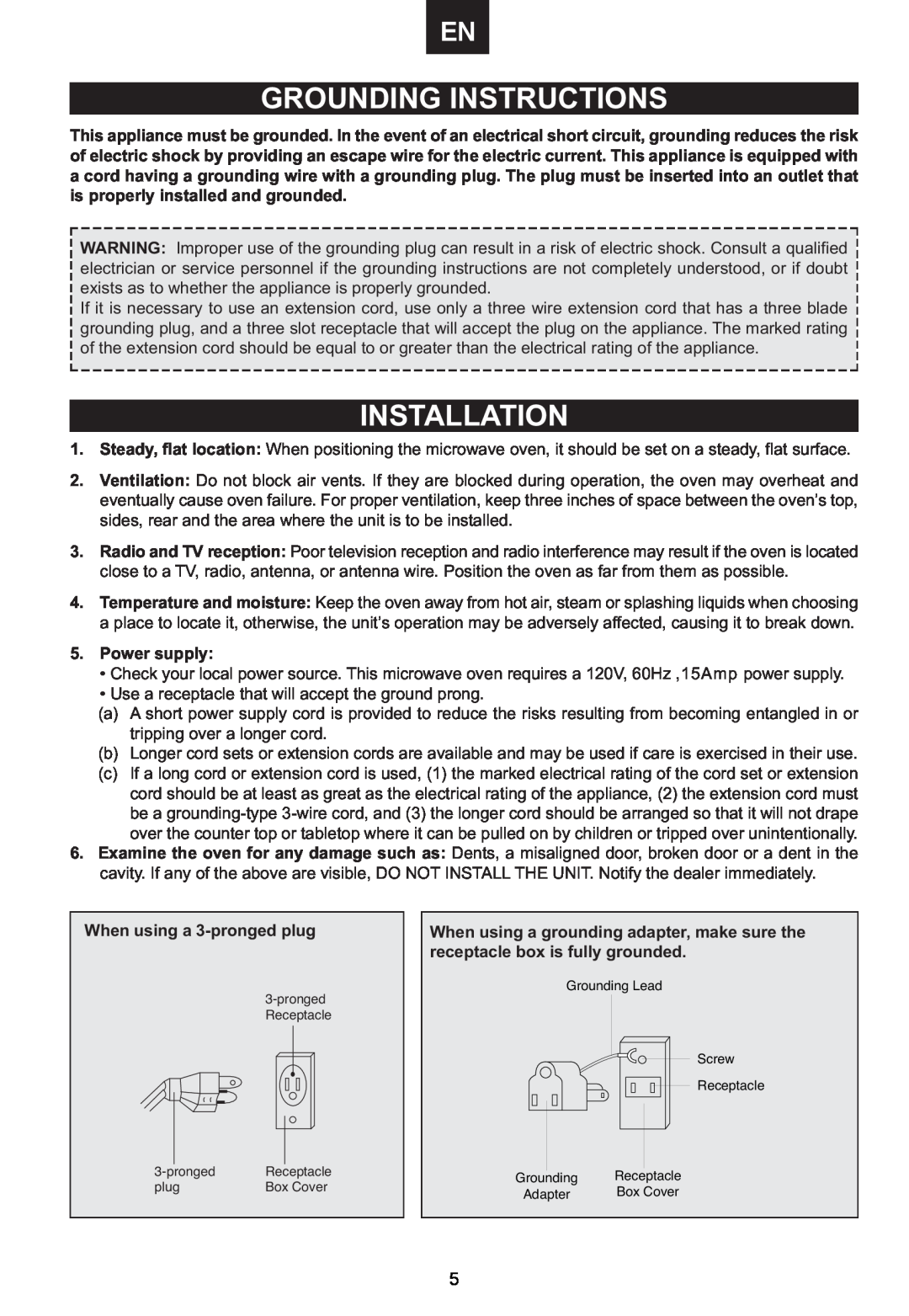 Emerson MWCG1584SB owner manual Grounding Instructions, Installation, Power supply, When using a 3-pronged plug 