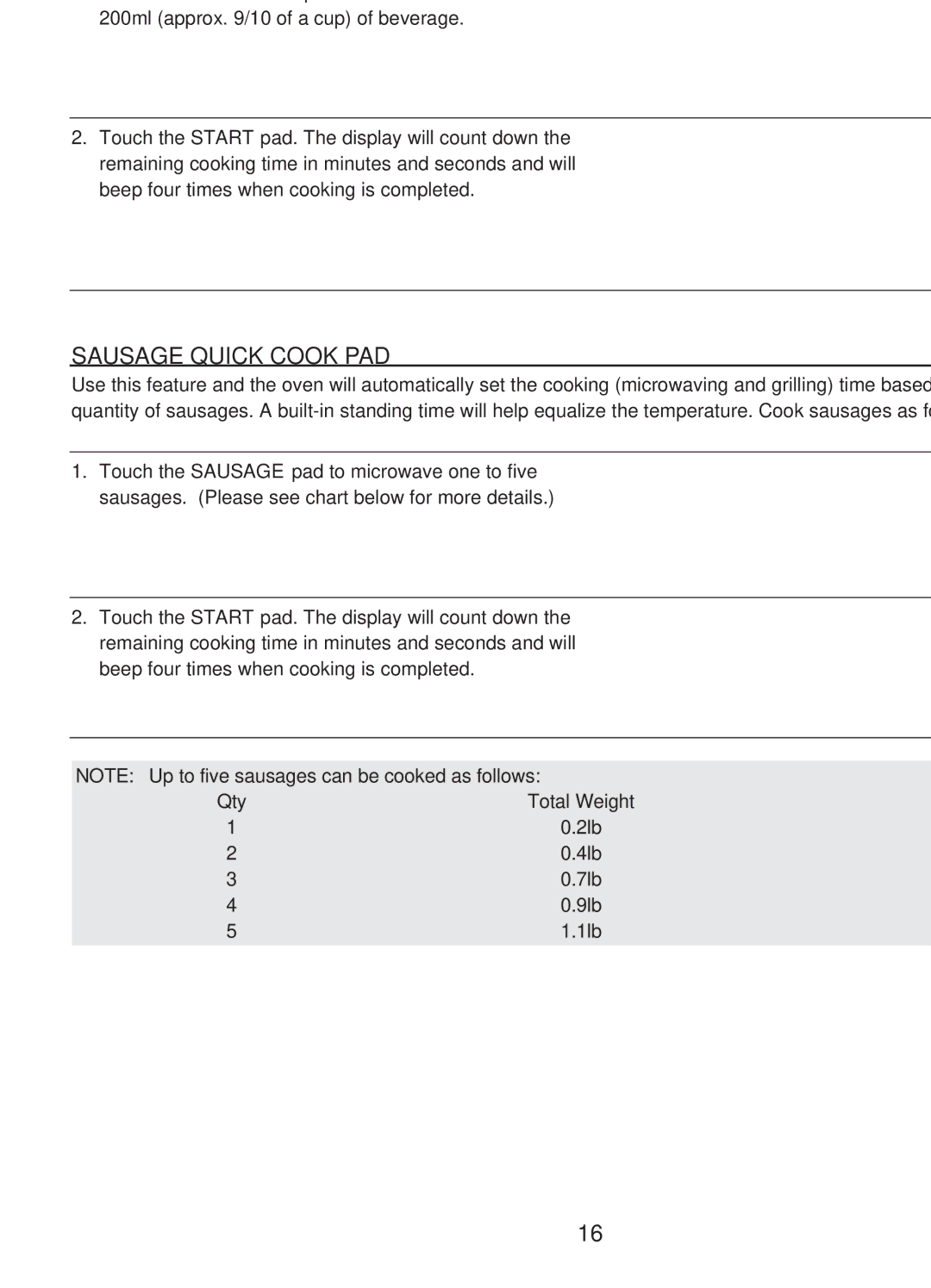 Emerson MWG9111SL Beverage Quick Cook PAD, Sausage Quick Cook PAD, Quantity of the beverage. Cook beverage as follows 